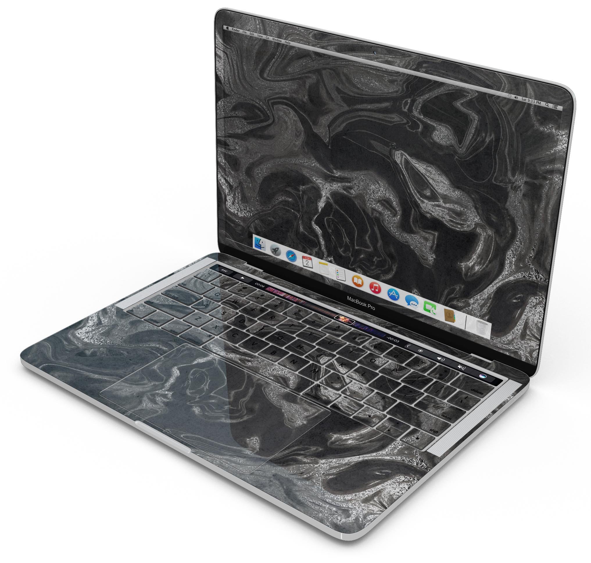 Black & Silver Marble Swirl V6 skin decal wrap kit for MacBook, showcasing a stylish marble design with a premium finish.