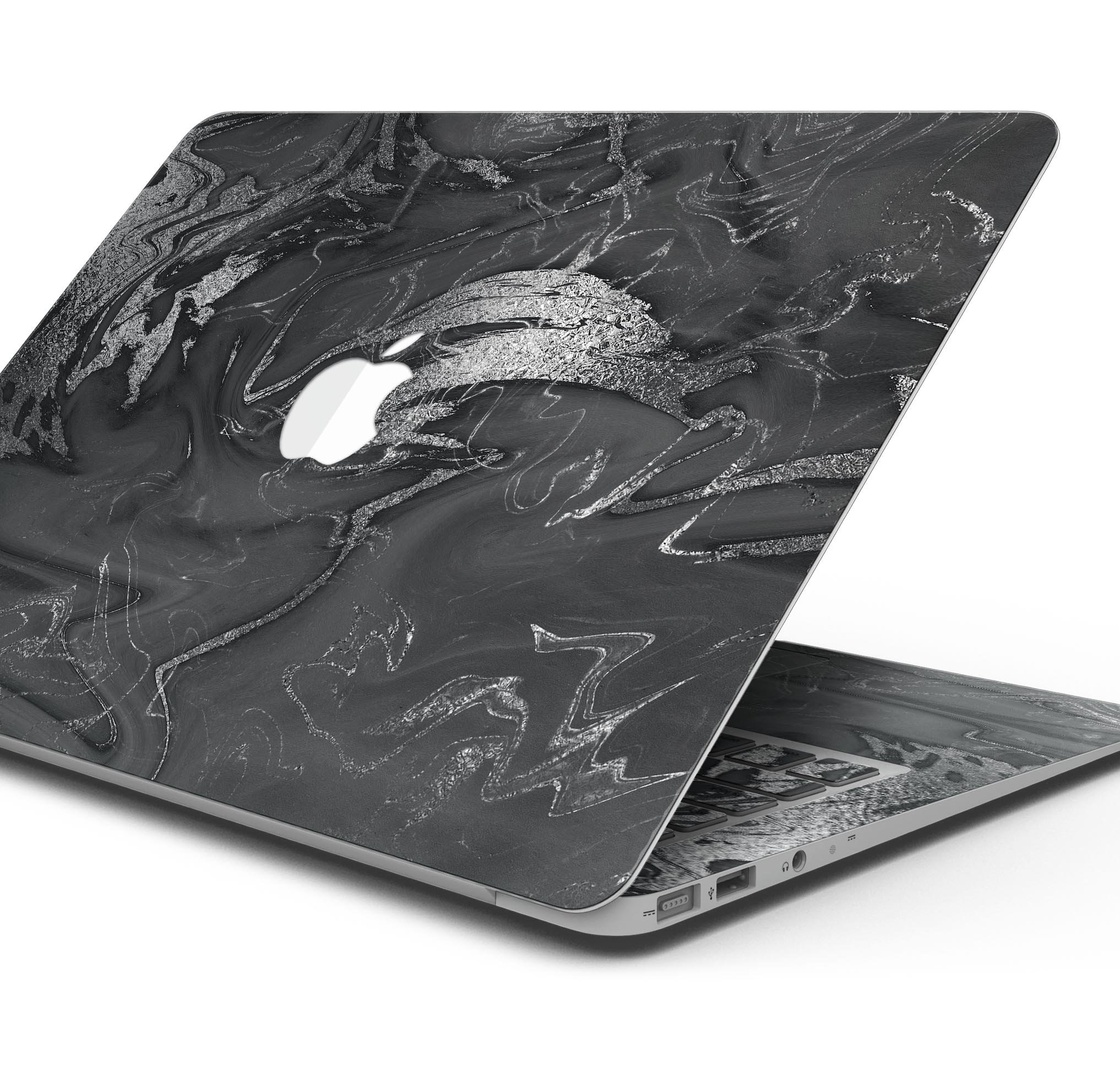 Black & Silver Marble Swirl V7 Skin Decal Wrap Kit for MacBook, showcasing a stylish design with a glossy finish.