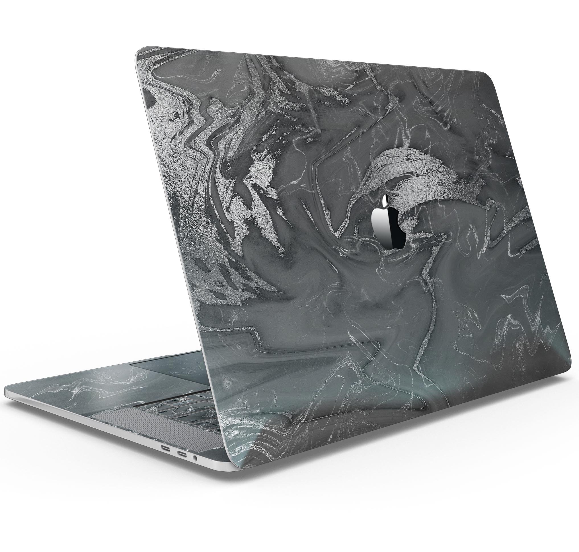 Black & Silver Marble Swirl V7 Skin Decal Wrap Kit for MacBook, showcasing a stylish design with a glossy finish.