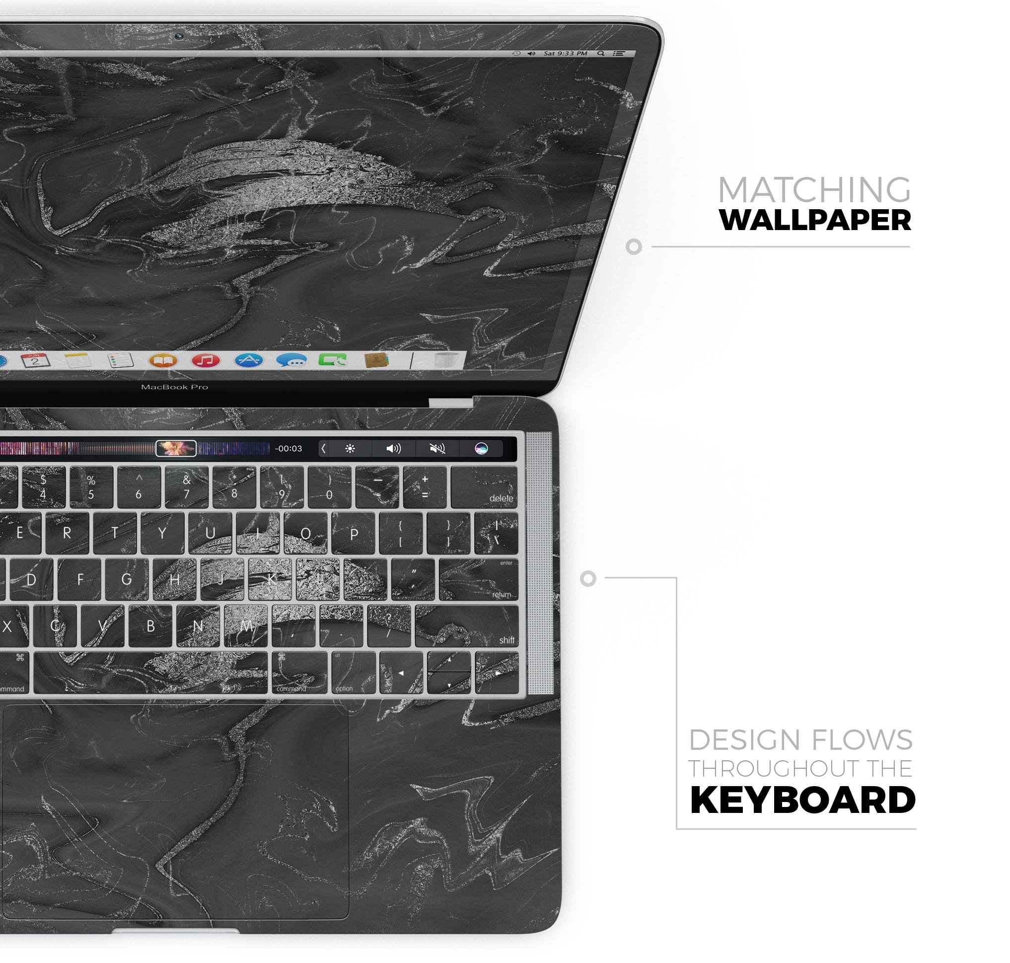 Black & Silver Marble Swirl V7 Skin Decal Wrap Kit for MacBook, showcasing a stylish design with a glossy finish.