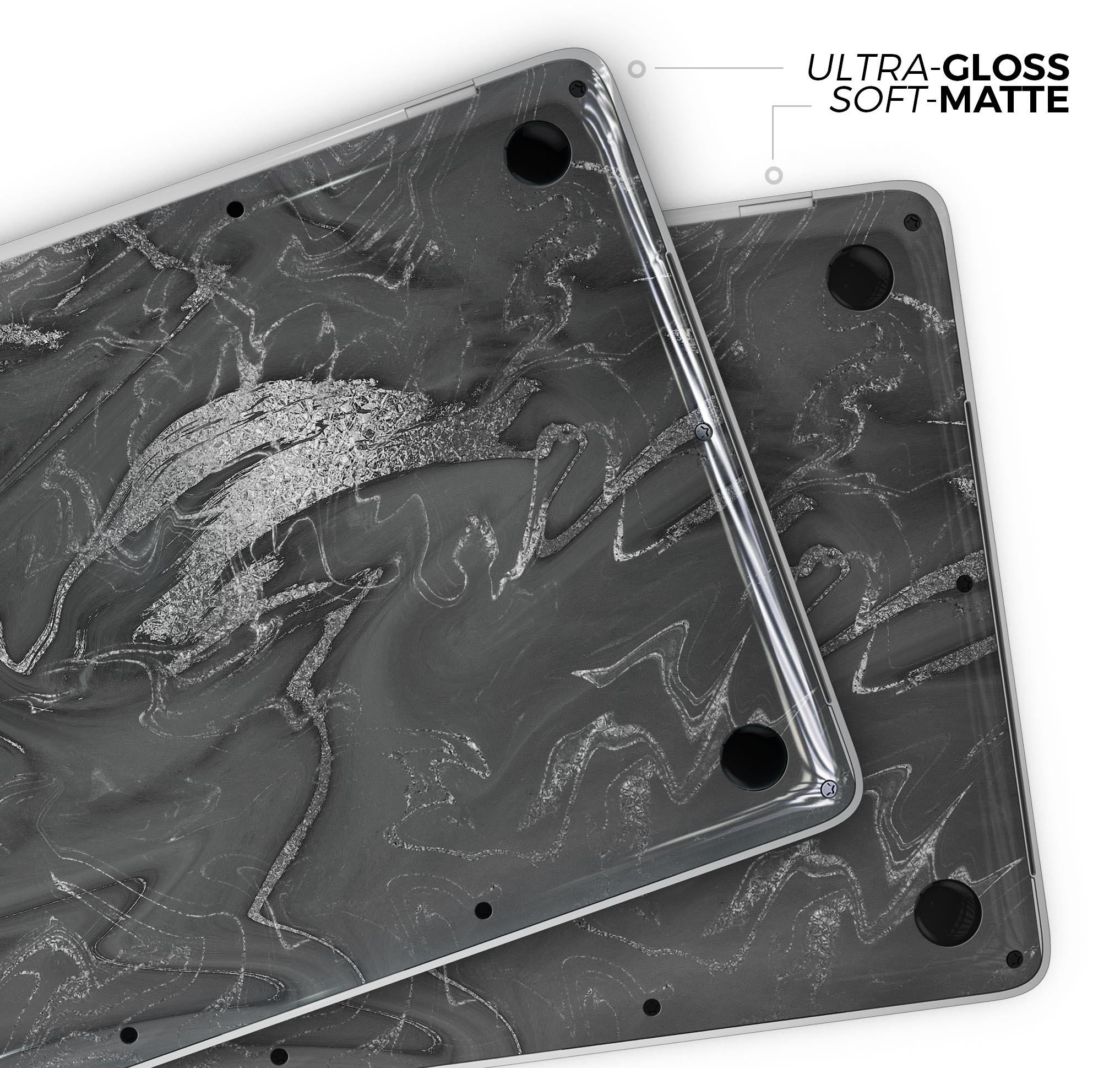 Black & Silver Marble Swirl V7 Skin Decal Wrap Kit for MacBook, showcasing a stylish design with a glossy finish.