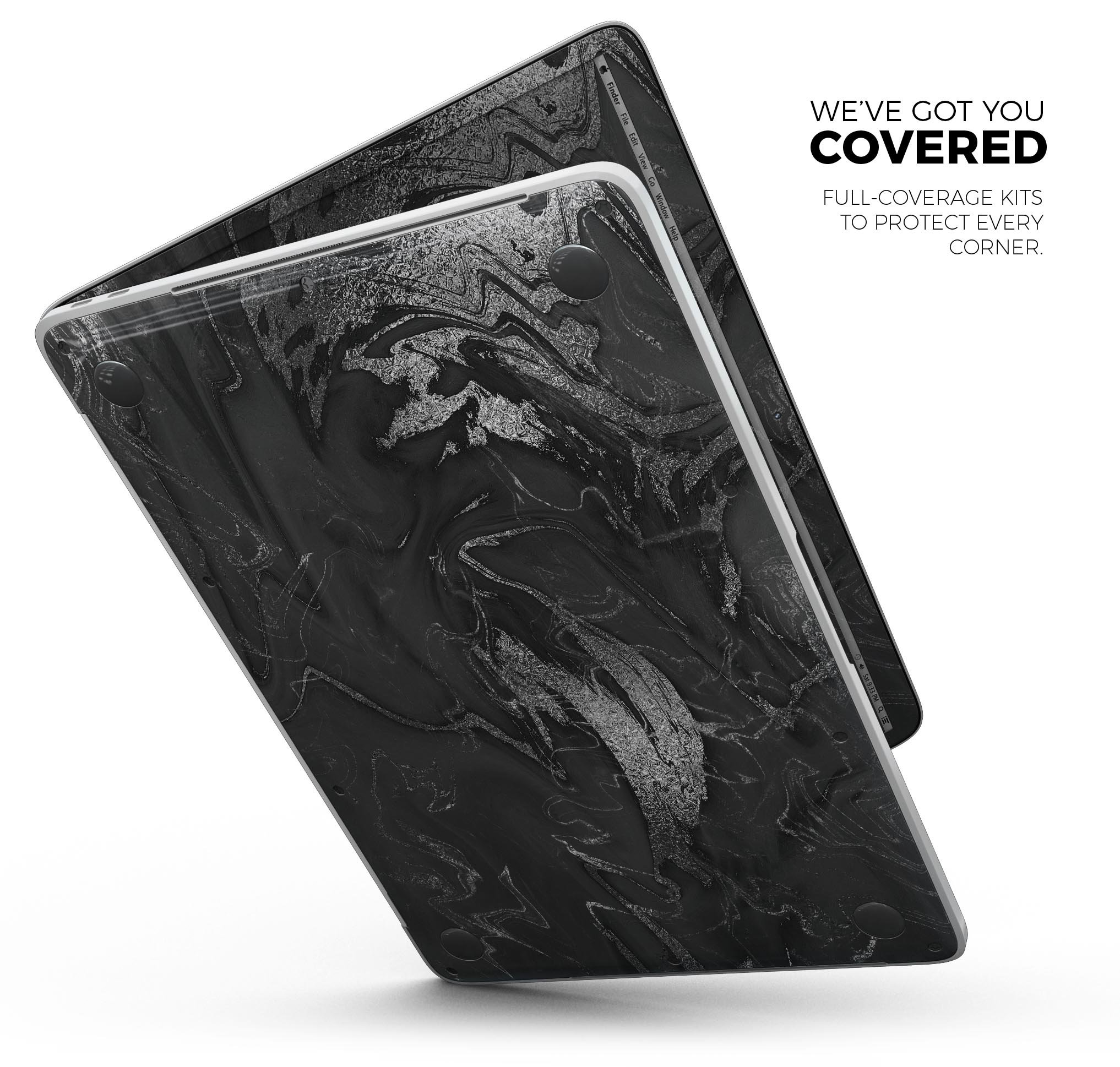 Black & Silver Marble Swirl V7 Skin Decal Wrap Kit for MacBook, showcasing a stylish design with a glossy finish.