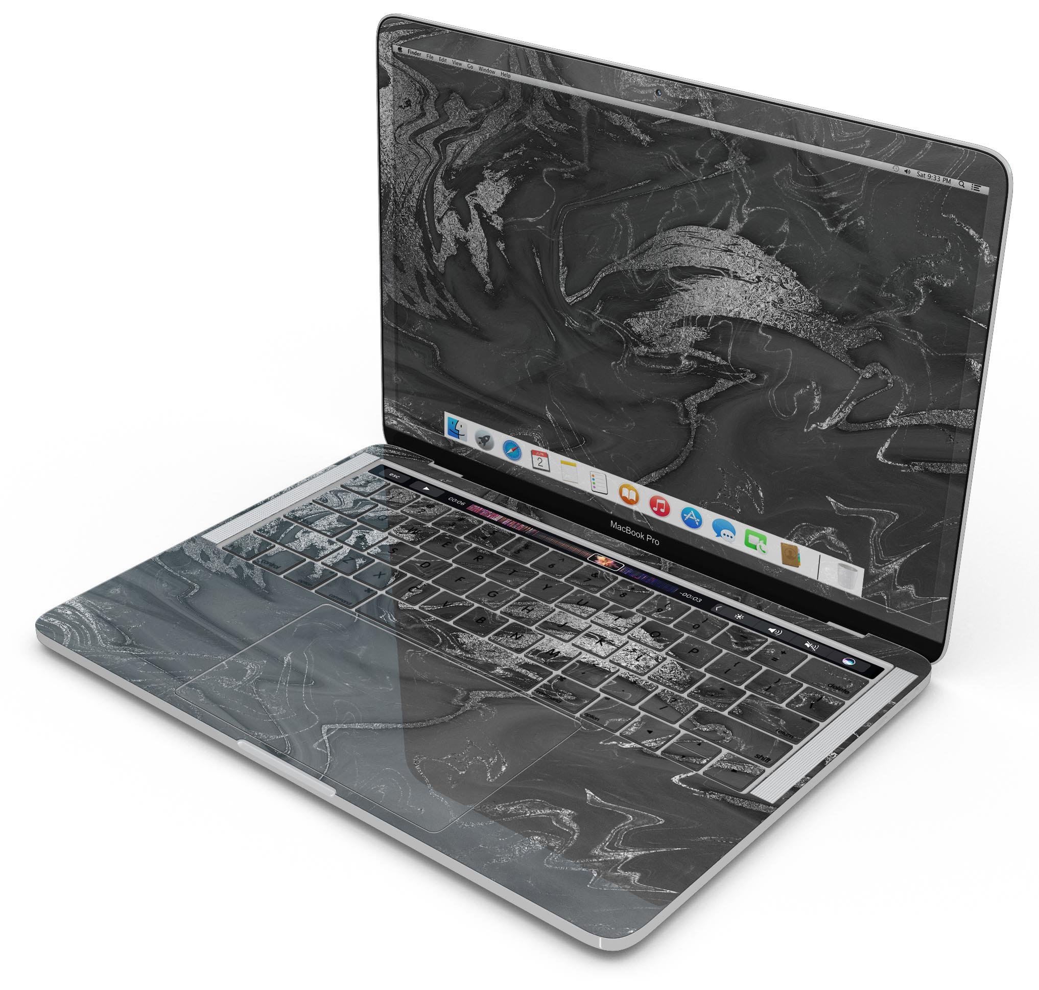 Black & Silver Marble Swirl V7 Skin Decal Wrap Kit for MacBook, showcasing a stylish design with a glossy finish.