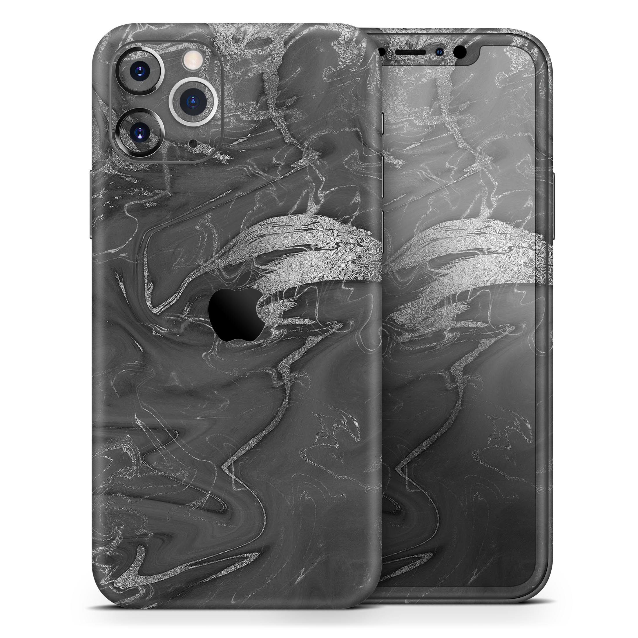 Black and silver marble swirl skin for Apple iPhone, showcasing a stylish design that enhances device appearance.