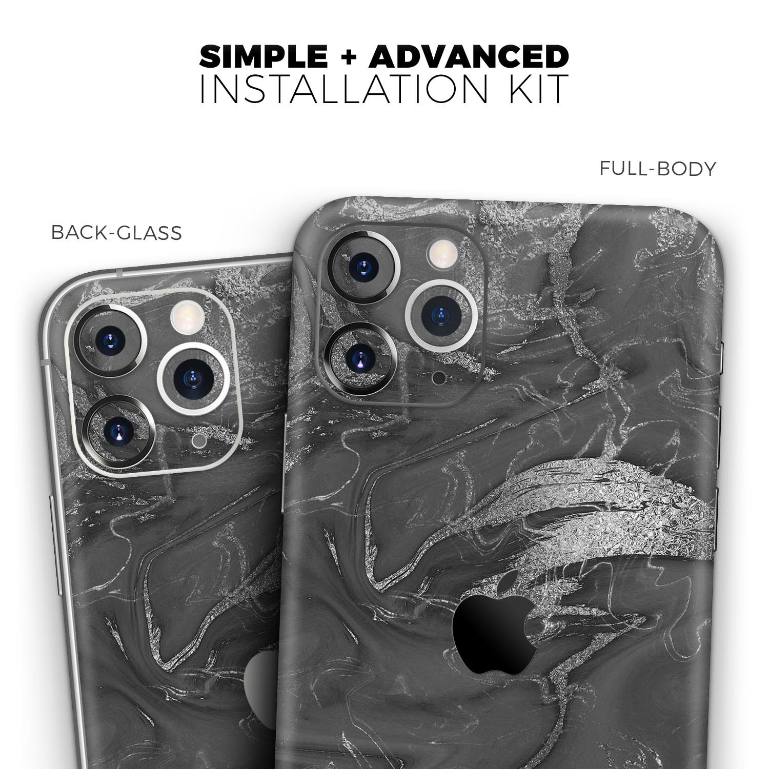 Black and silver marble swirl skin for Apple iPhone, showcasing a stylish design that enhances device appearance.