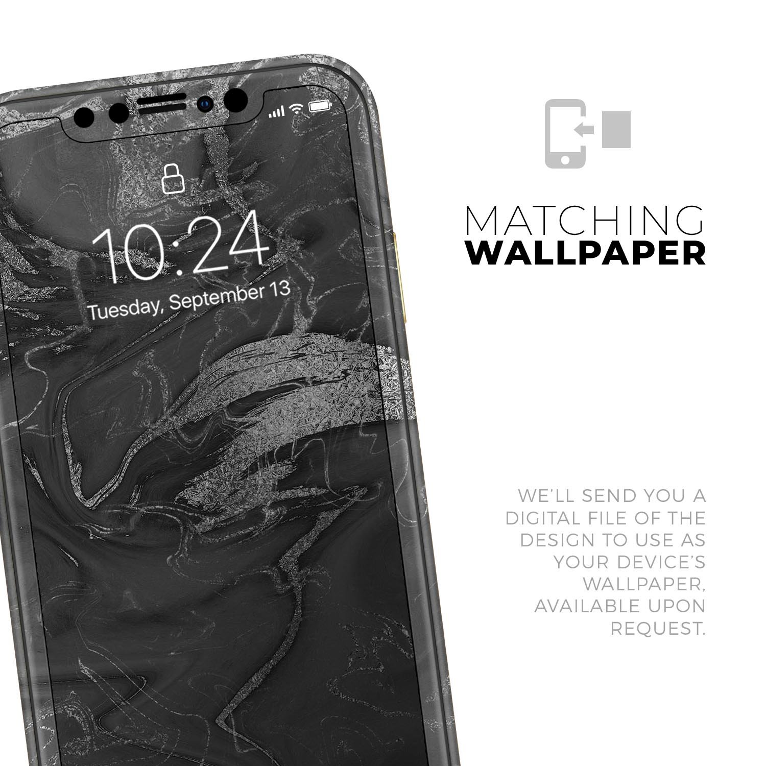 Black and silver marble swirl skin for Apple iPhone, showcasing a stylish design that enhances device appearance.