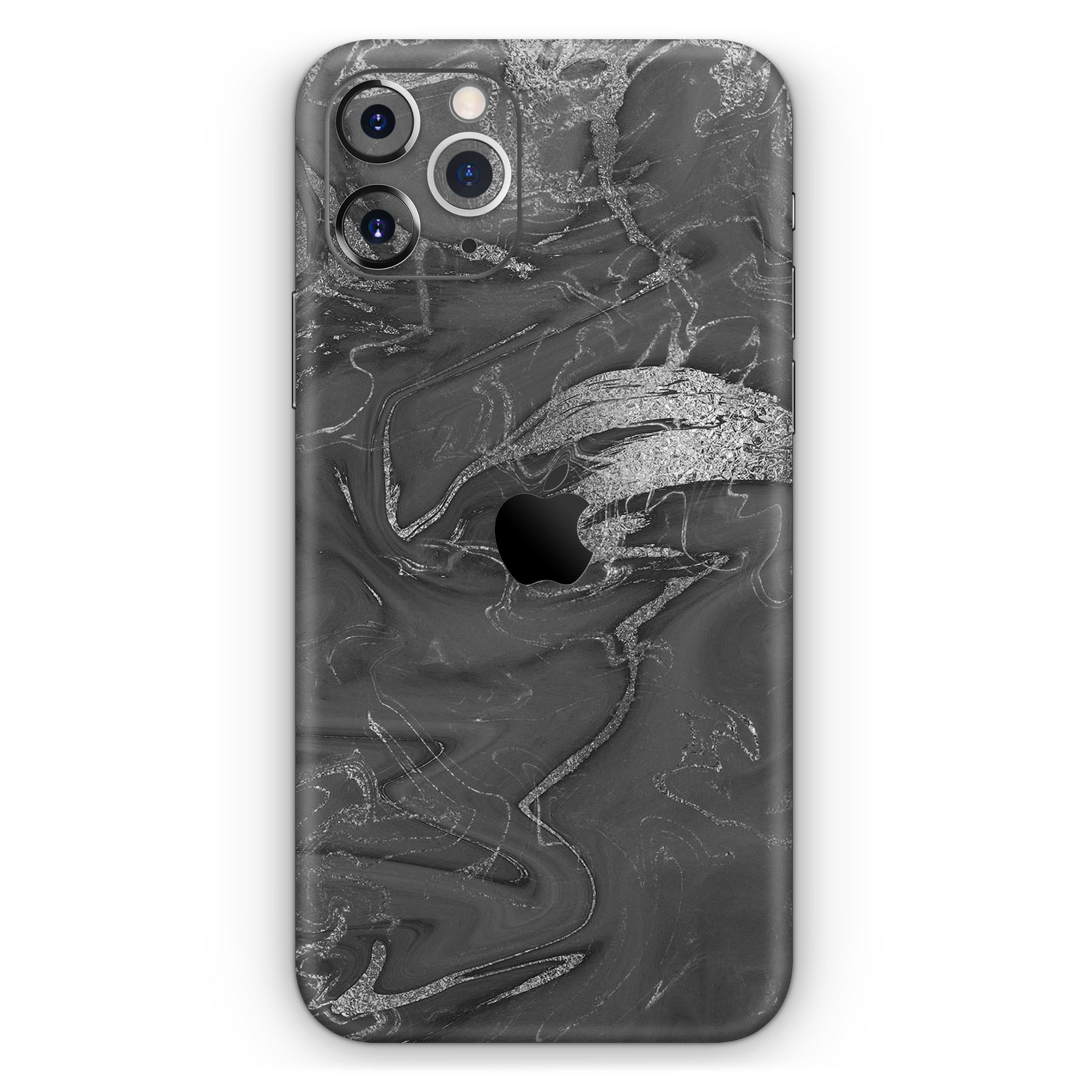 Black and silver marble swirl skin for Apple iPhone, showcasing a stylish design that enhances device appearance.