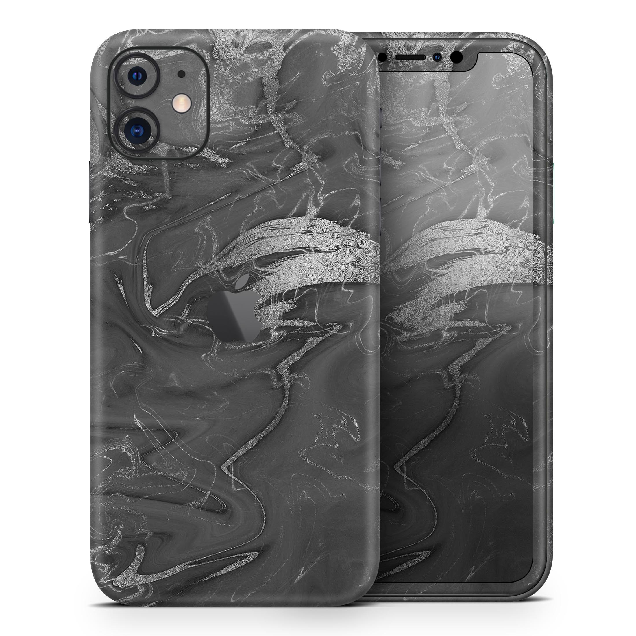 Black and silver marble swirl skin for Apple iPhone, showcasing a stylish design that enhances device appearance.