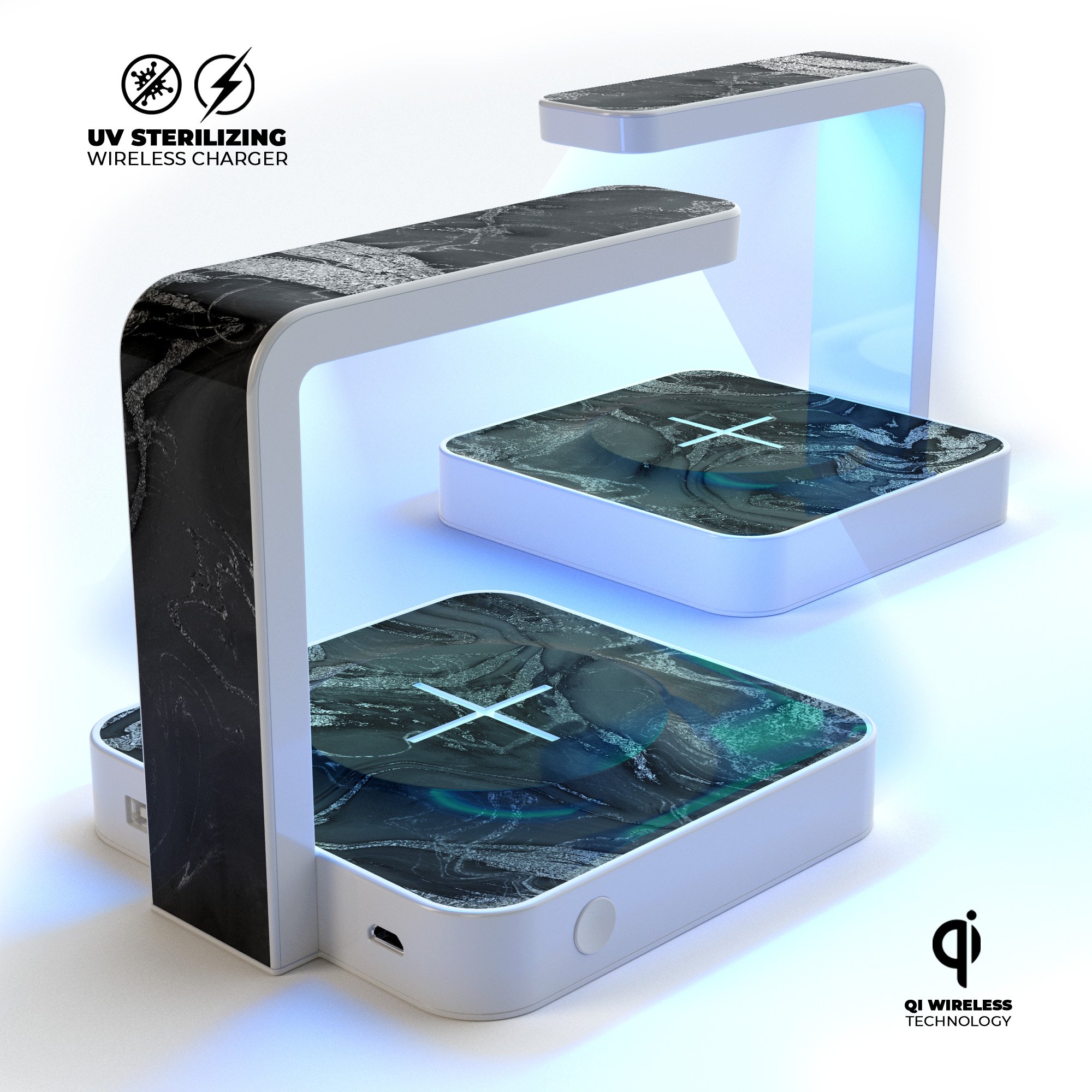 Black and silver marble swirl UV germicidal sanitizing wireless charger with phone placed on top, showcasing its sleek design and functionality.