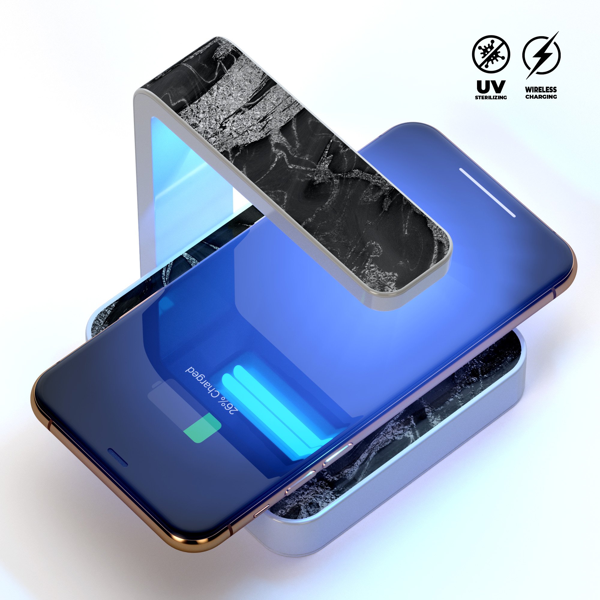 Black and silver marble swirl UV germicidal sanitizing wireless charger with phone placed on top, showcasing its sleek design and functionality.