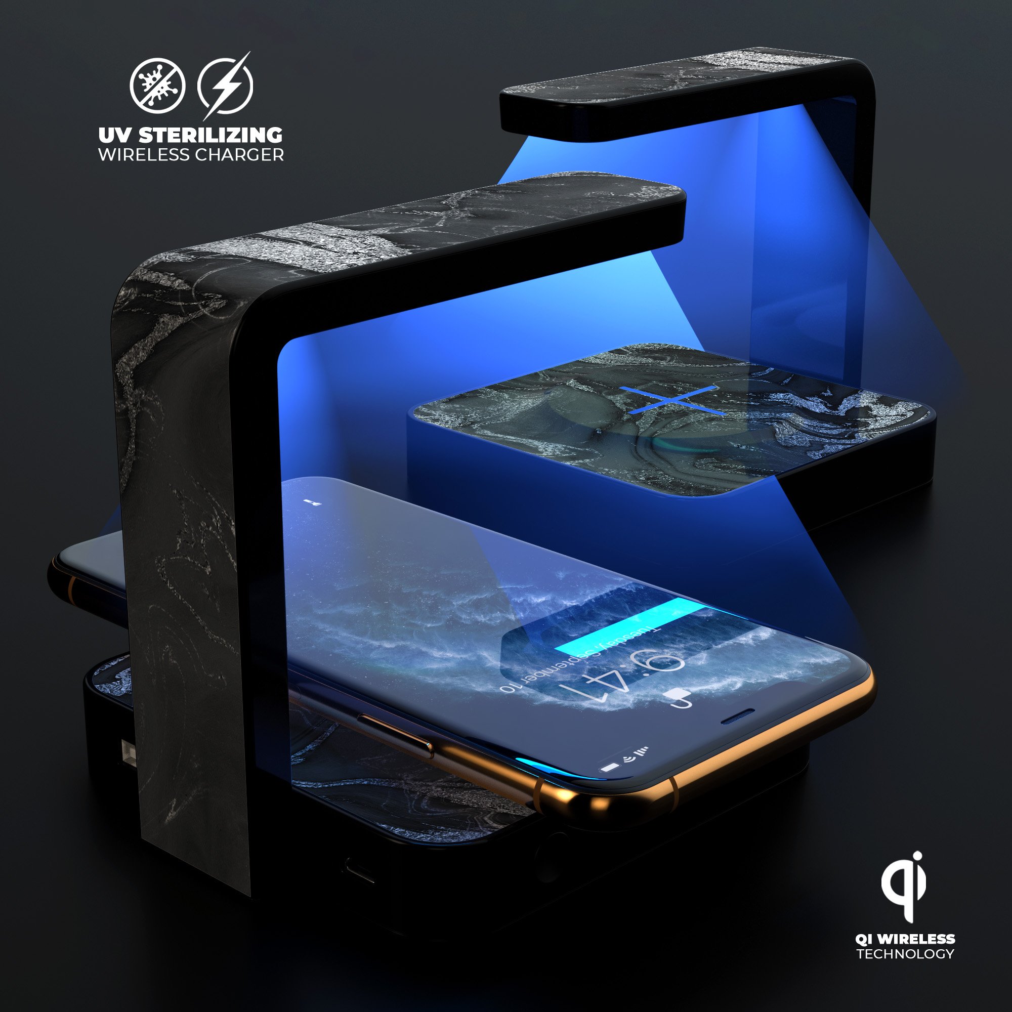 Black and silver marble swirl UV germicidal sanitizing wireless charger with phone placed on top, showcasing its sleek design and functionality.