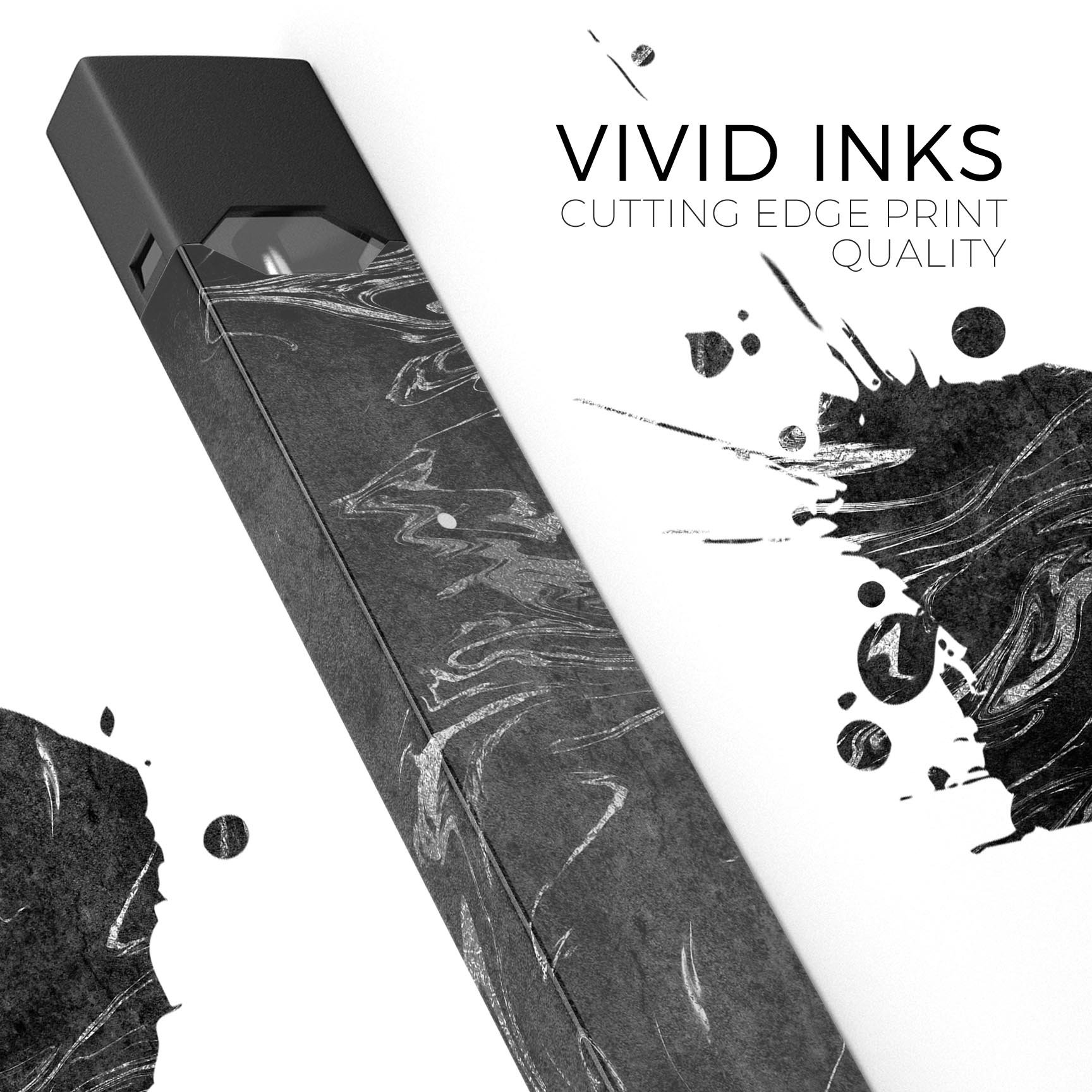 Black and silver marble swirl skin wrap for JUUL vaping device, showcasing a stylish and protective design.