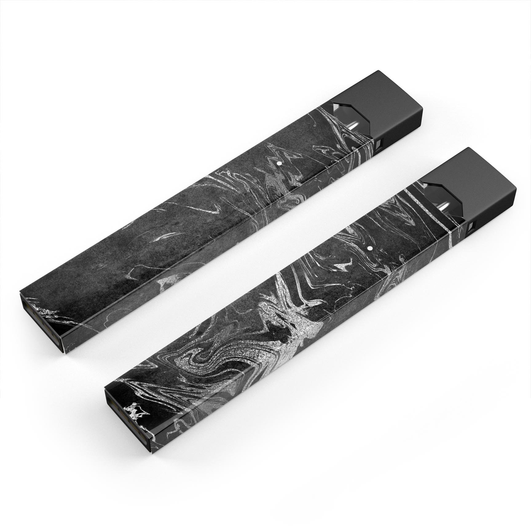 Black and silver marble swirl skin wrap for JUUL vaping device, showcasing a stylish and protective design.