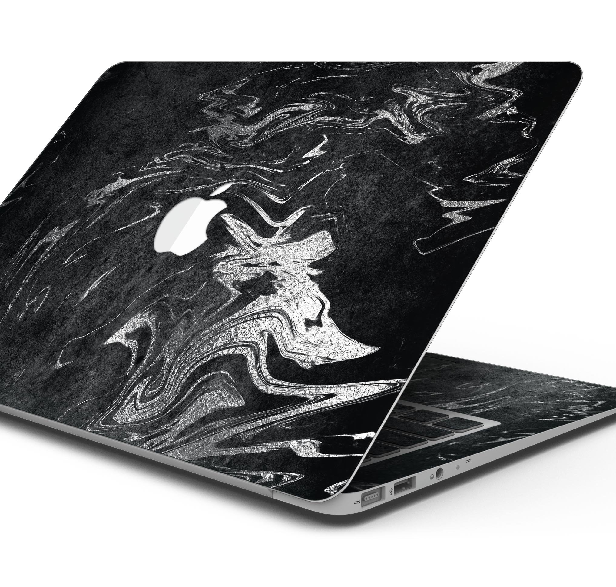 Black & Silver Marble Swirl V8 Skin Decal Wrap Kit for MacBook, showcasing a stylish marble design with a premium vinyl finish.