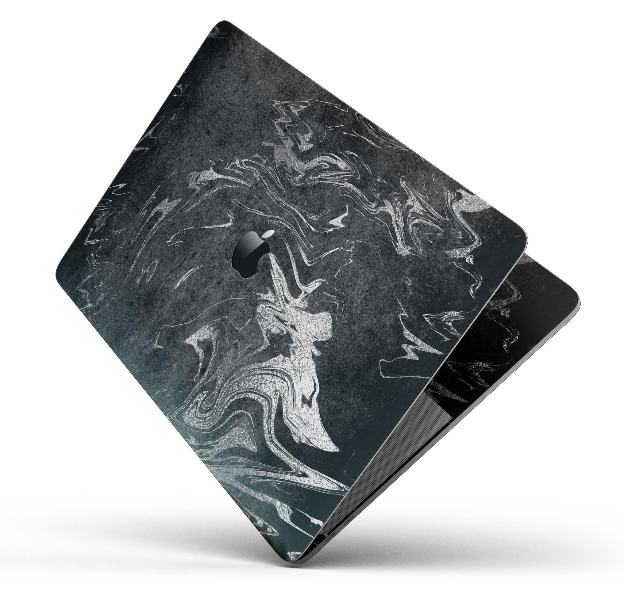 Black & Silver Marble Swirl V8 Skin Decal Wrap Kit for MacBook, showcasing a stylish marble design with a premium vinyl finish.