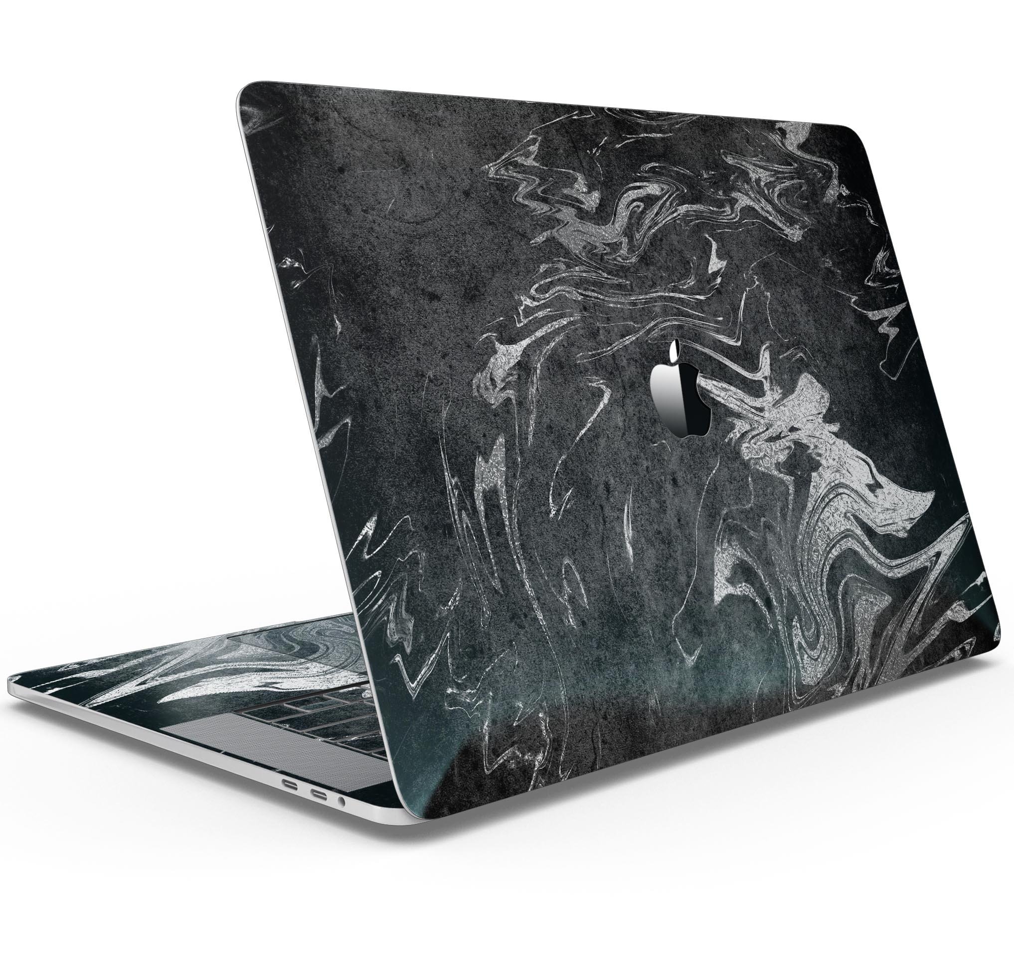 Black & Silver Marble Swirl V8 Skin Decal Wrap Kit for MacBook, showcasing a stylish marble design with a premium vinyl finish.