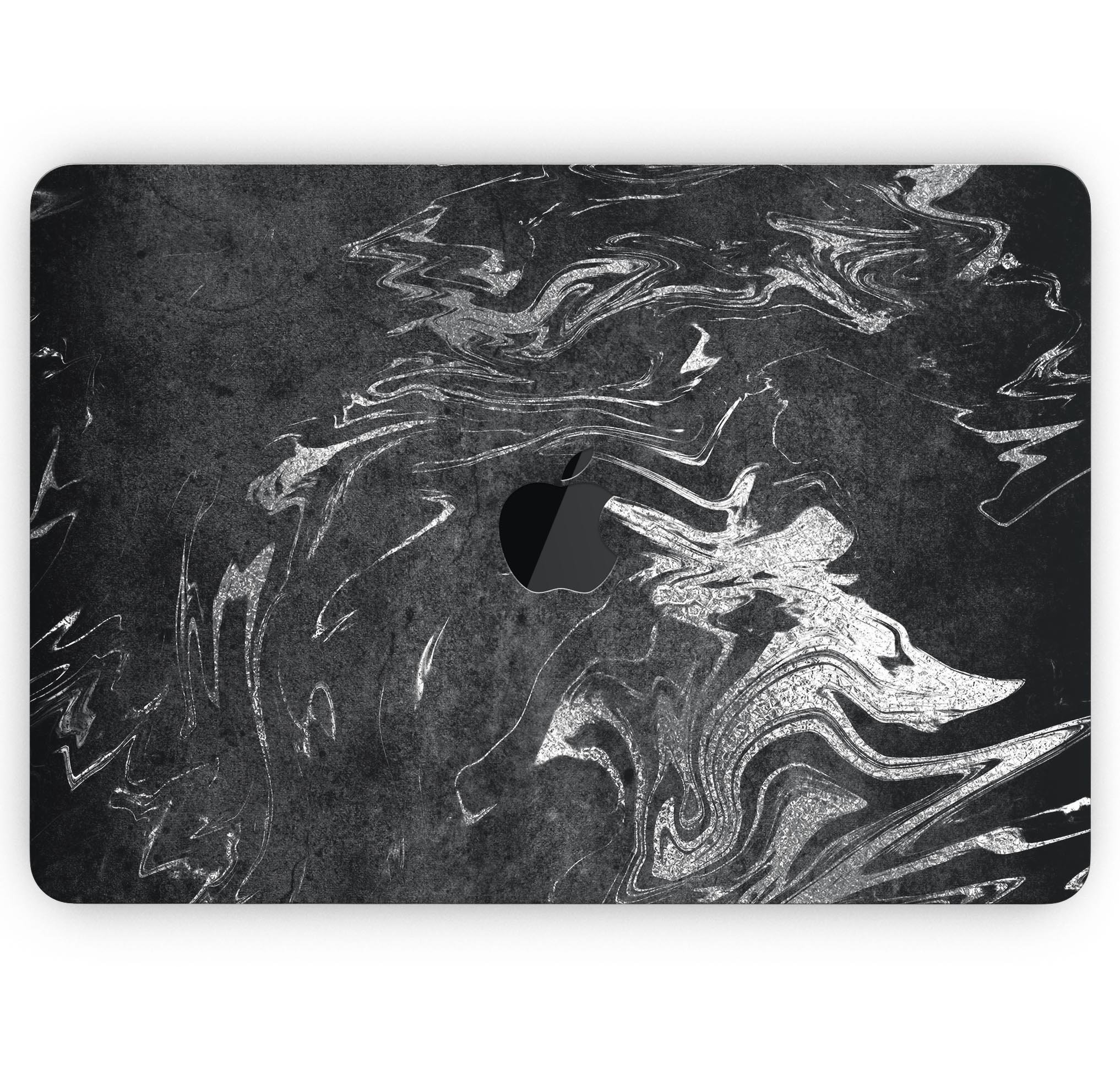 Black & Silver Marble Swirl V8 Skin Decal Wrap Kit for MacBook, showcasing a stylish marble design with a premium vinyl finish.