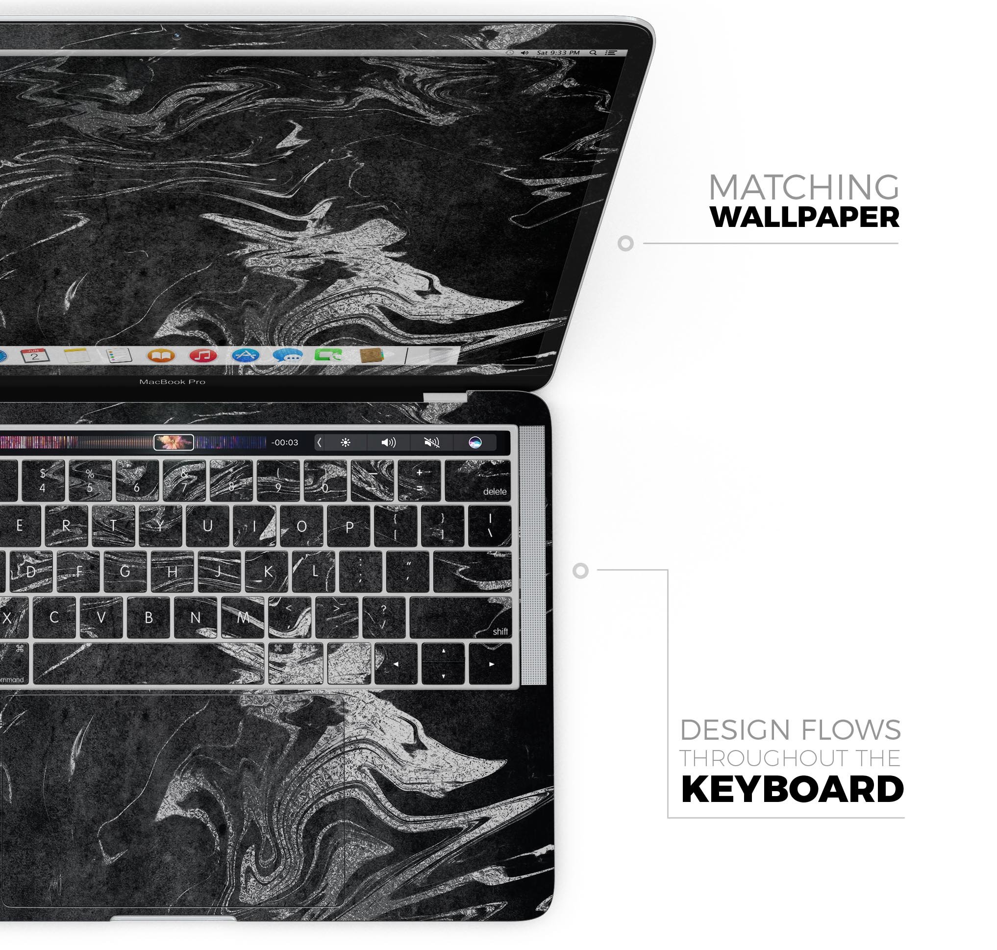 Black & Silver Marble Swirl V8 Skin Decal Wrap Kit for MacBook, showcasing a stylish marble design with a premium vinyl finish.