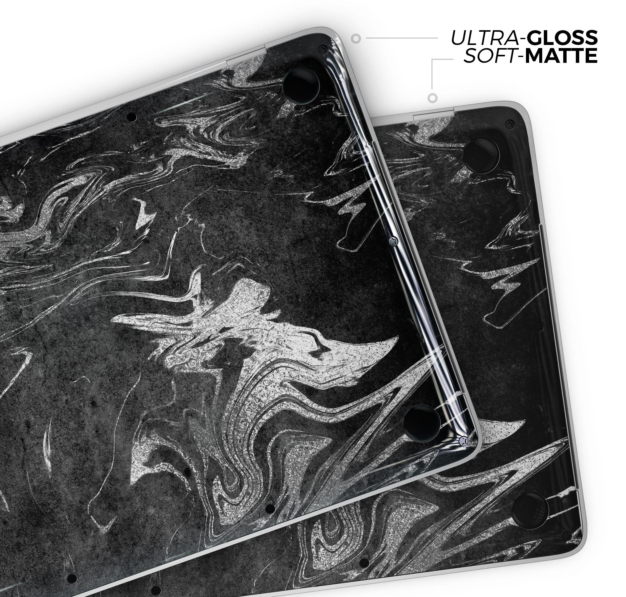 Black & Silver Marble Swirl V8 Skin Decal Wrap Kit for MacBook, showcasing a stylish marble design with a premium vinyl finish.