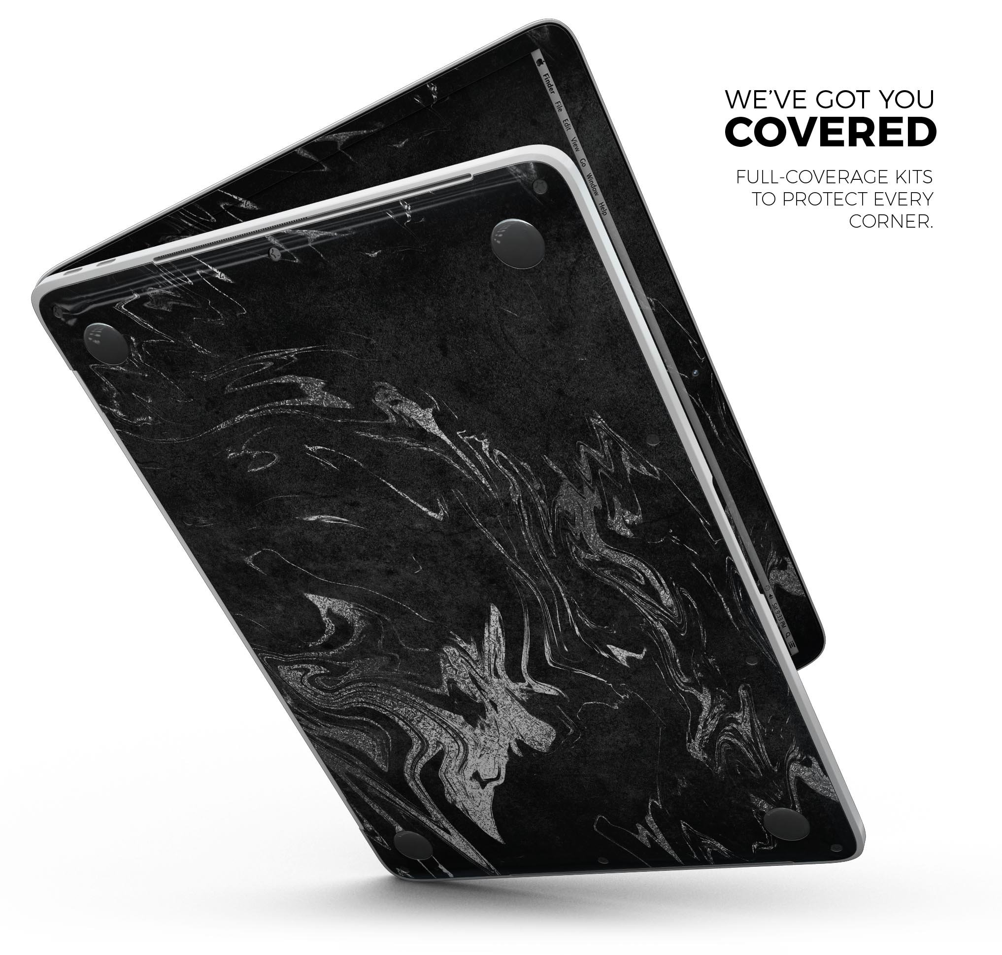 Black & Silver Marble Swirl V8 Skin Decal Wrap Kit for MacBook, showcasing a stylish marble design with a premium vinyl finish.