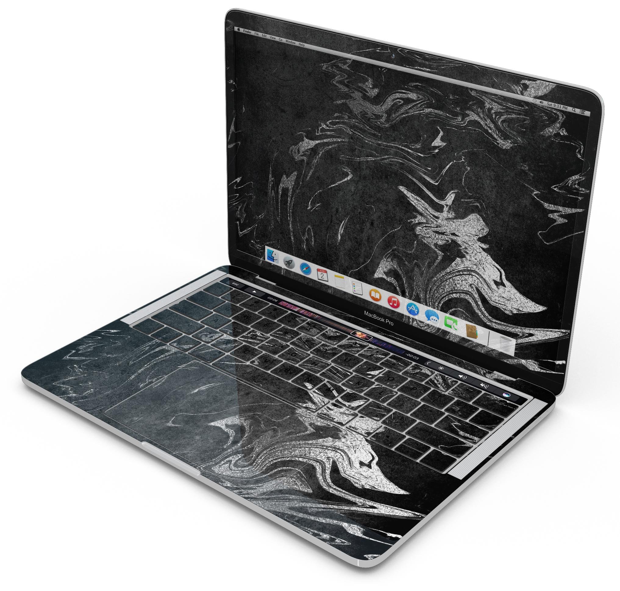 Black & Silver Marble Swirl V8 Skin Decal Wrap Kit for MacBook, showcasing a stylish marble design with a premium vinyl finish.