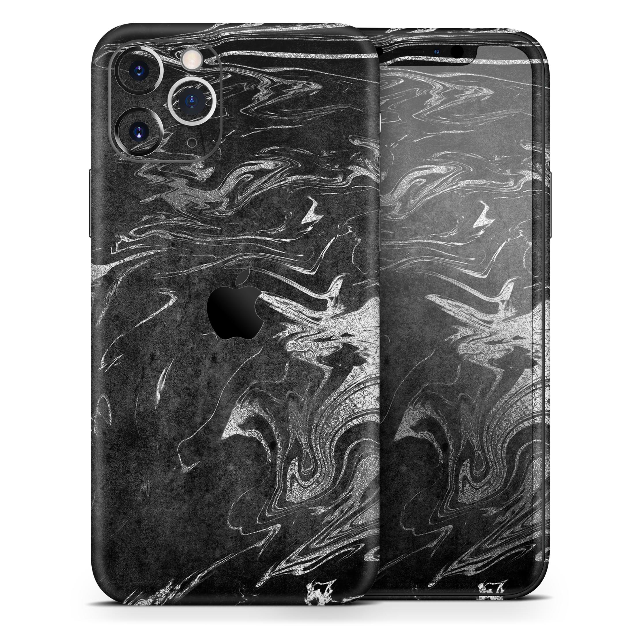 Black and silver marble swirl skin for Apple iPhone, showcasing a stylish design with a glossy finish.