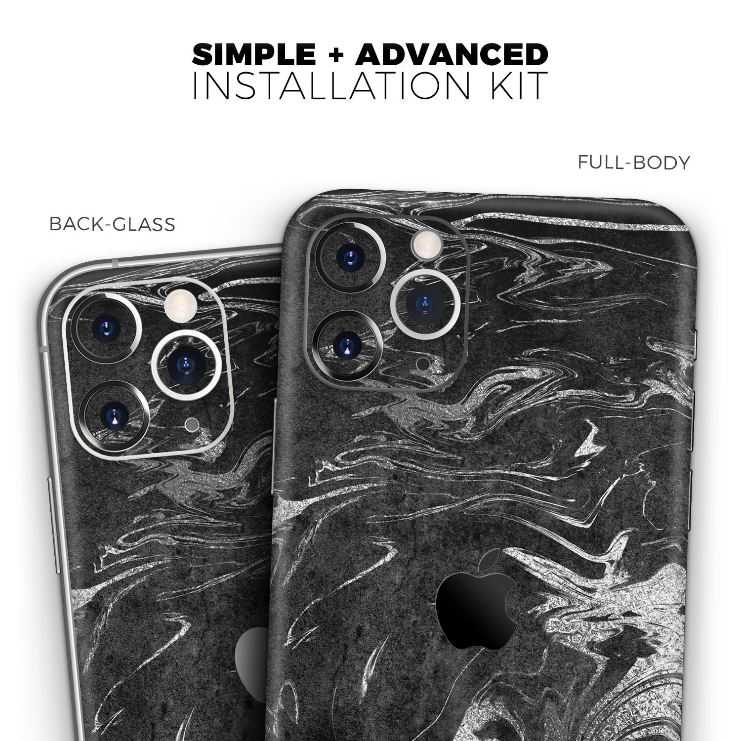 Black and silver marble swirl skin for Apple iPhone, showcasing a stylish design with a glossy finish.