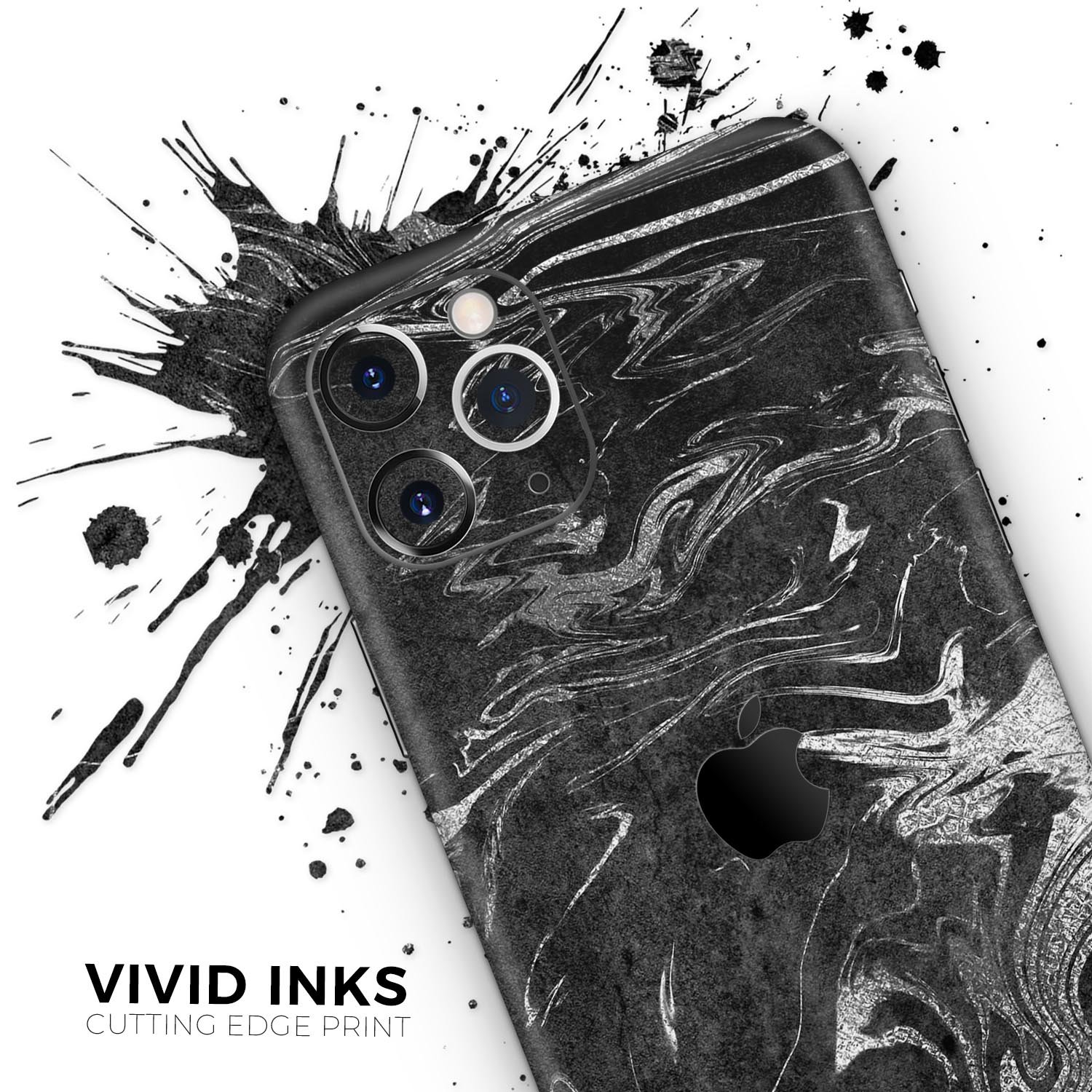 Black and silver marble swirl skin for Apple iPhone, showcasing a stylish design with a glossy finish.