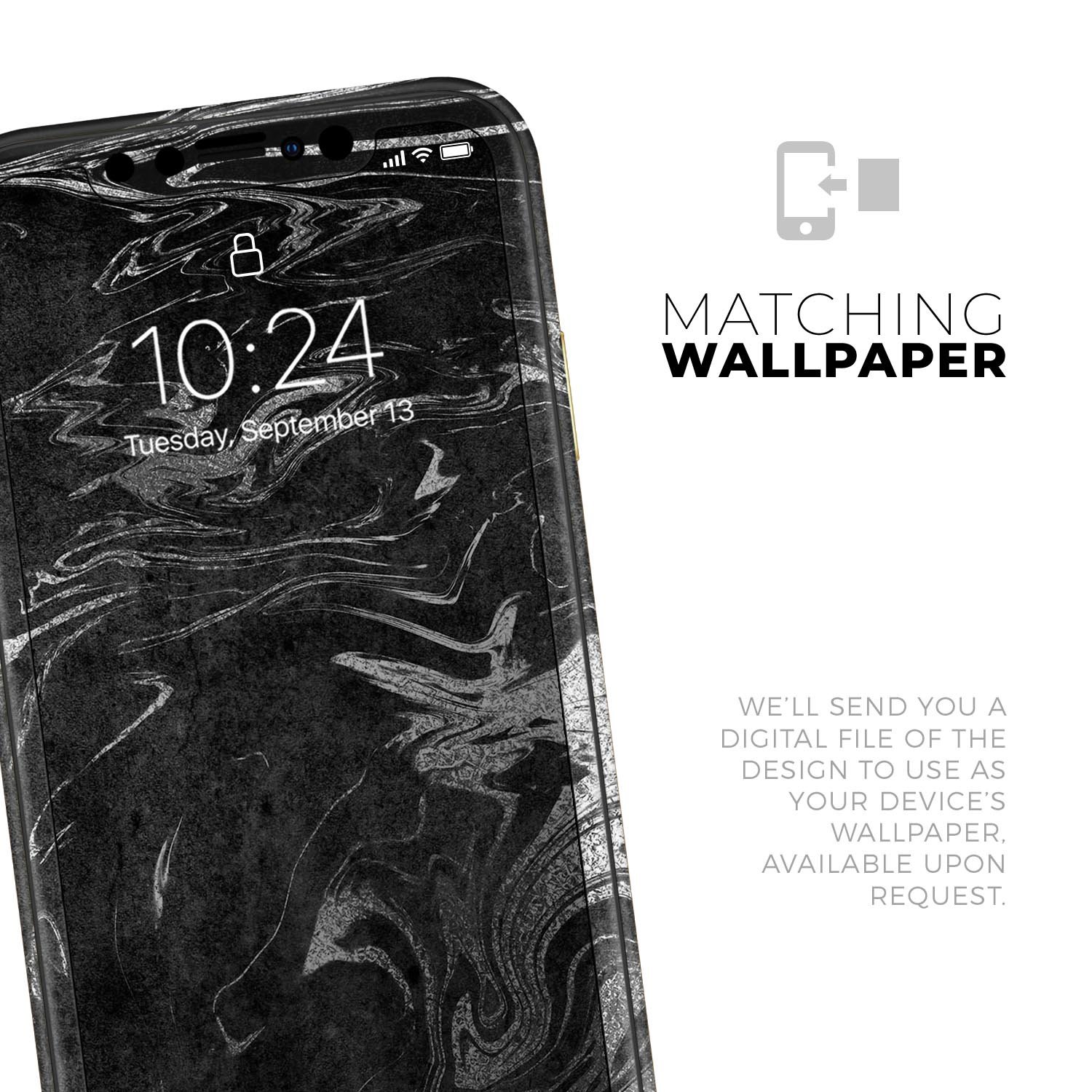 Black and silver marble swirl skin for Apple iPhone, showcasing a stylish design with a glossy finish.