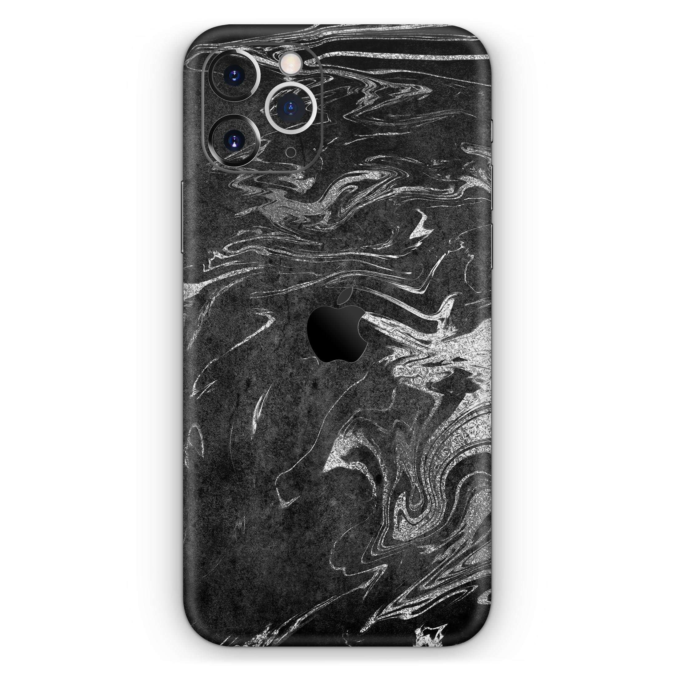 Black and silver marble swirl skin for Apple iPhone, showcasing a stylish design with a glossy finish.