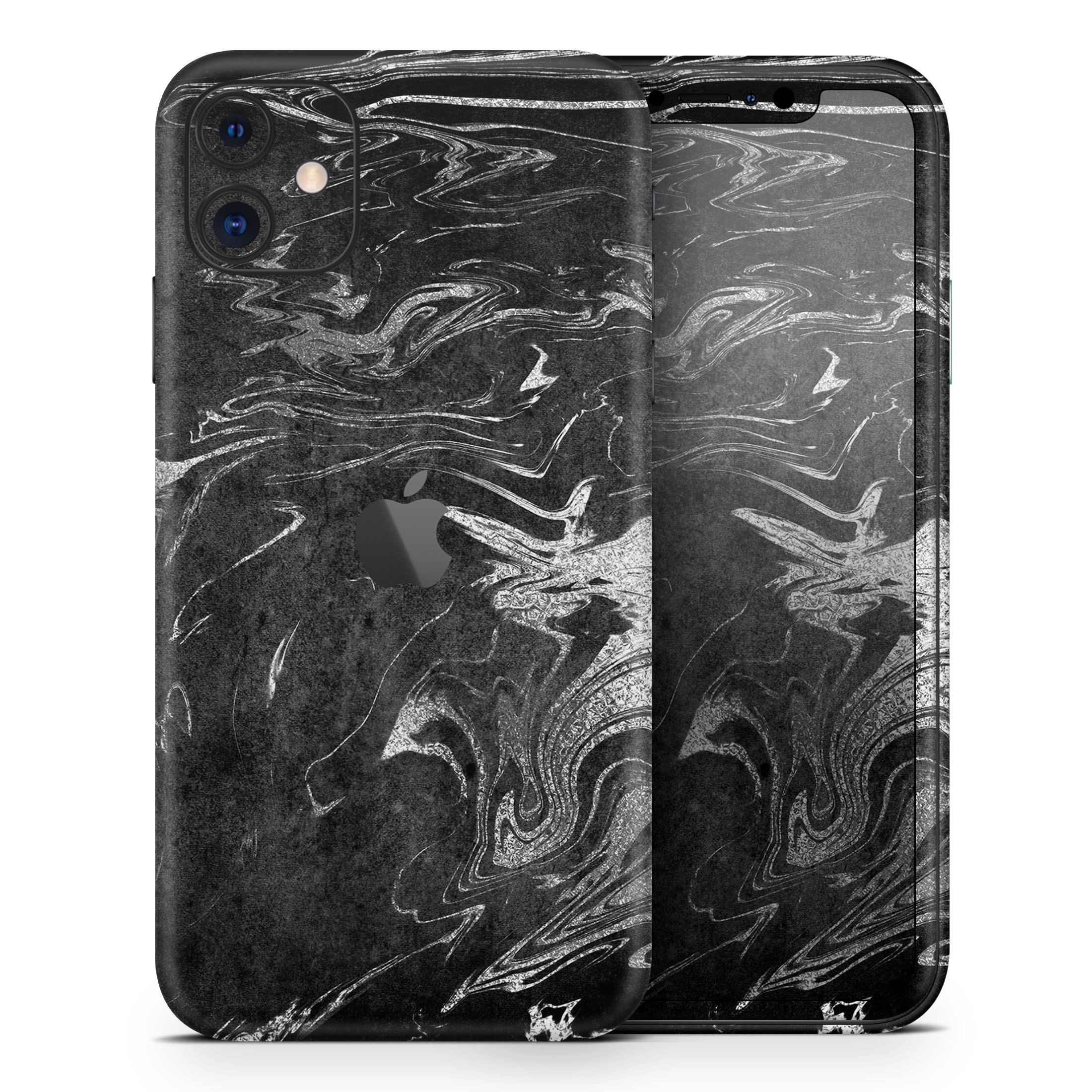 Black and silver marble swirl skin for Apple iPhone, showcasing a stylish design with a glossy finish.