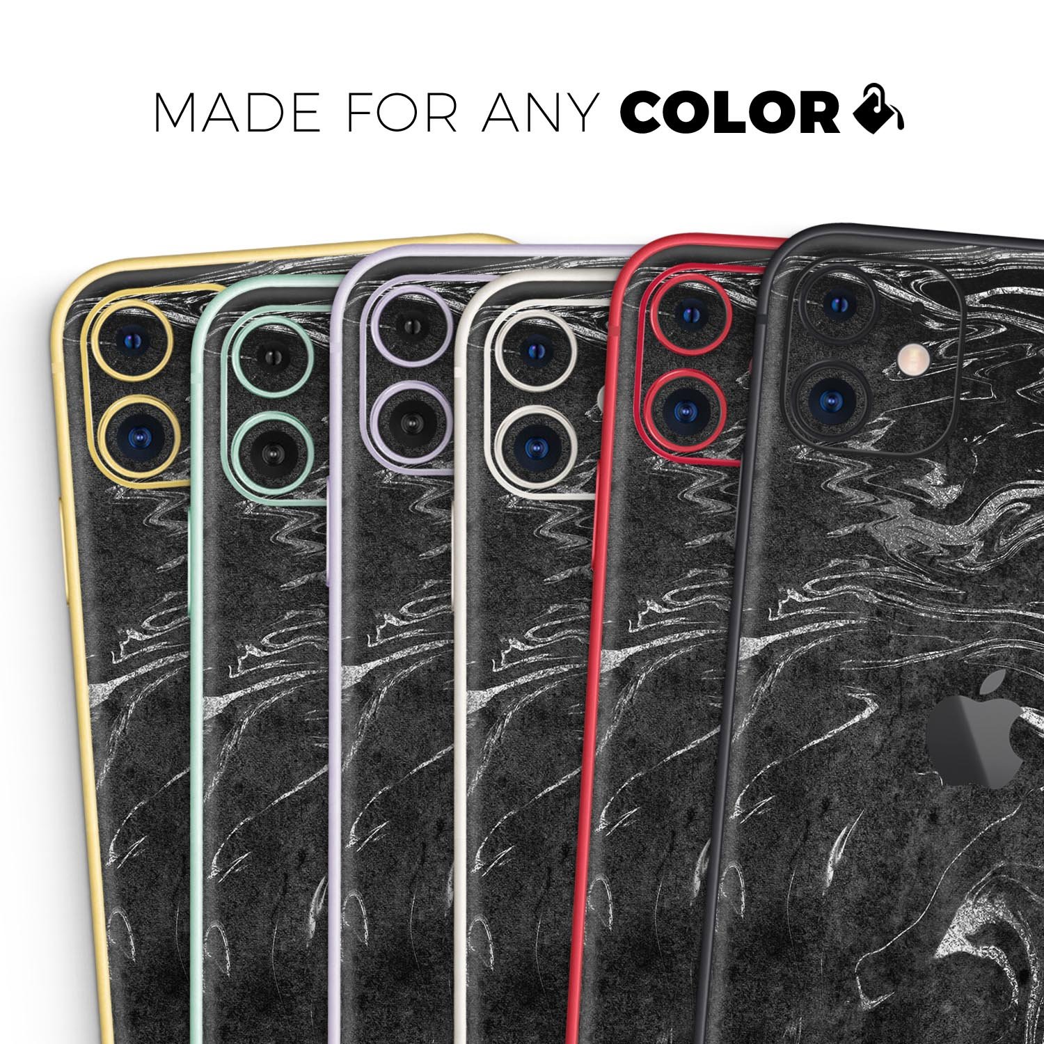 Black and silver marble swirl skin for Apple iPhone, showcasing a stylish design with a glossy finish.