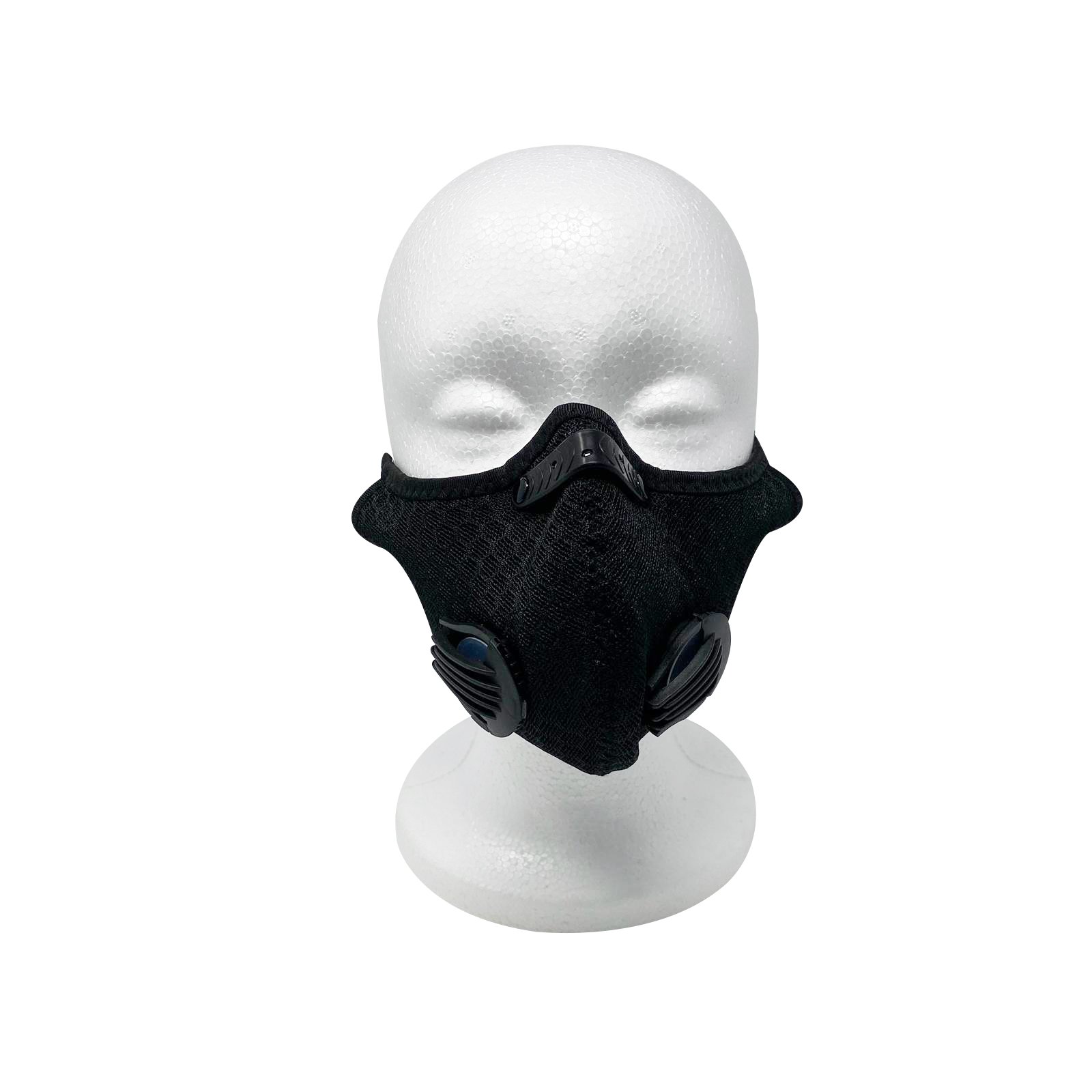 Black Sport Fashion Mask with Valves, designed for comfort and style, featuring a breathable fabric blend for active use.