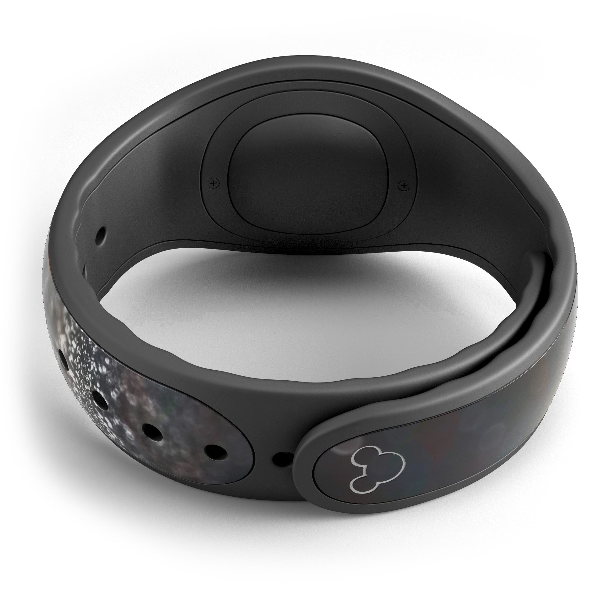 Black Unfocused Glowing Shimmer decal skin wrap kit for Disney Magic Band, showcasing a stylish design with a shimmering finish.