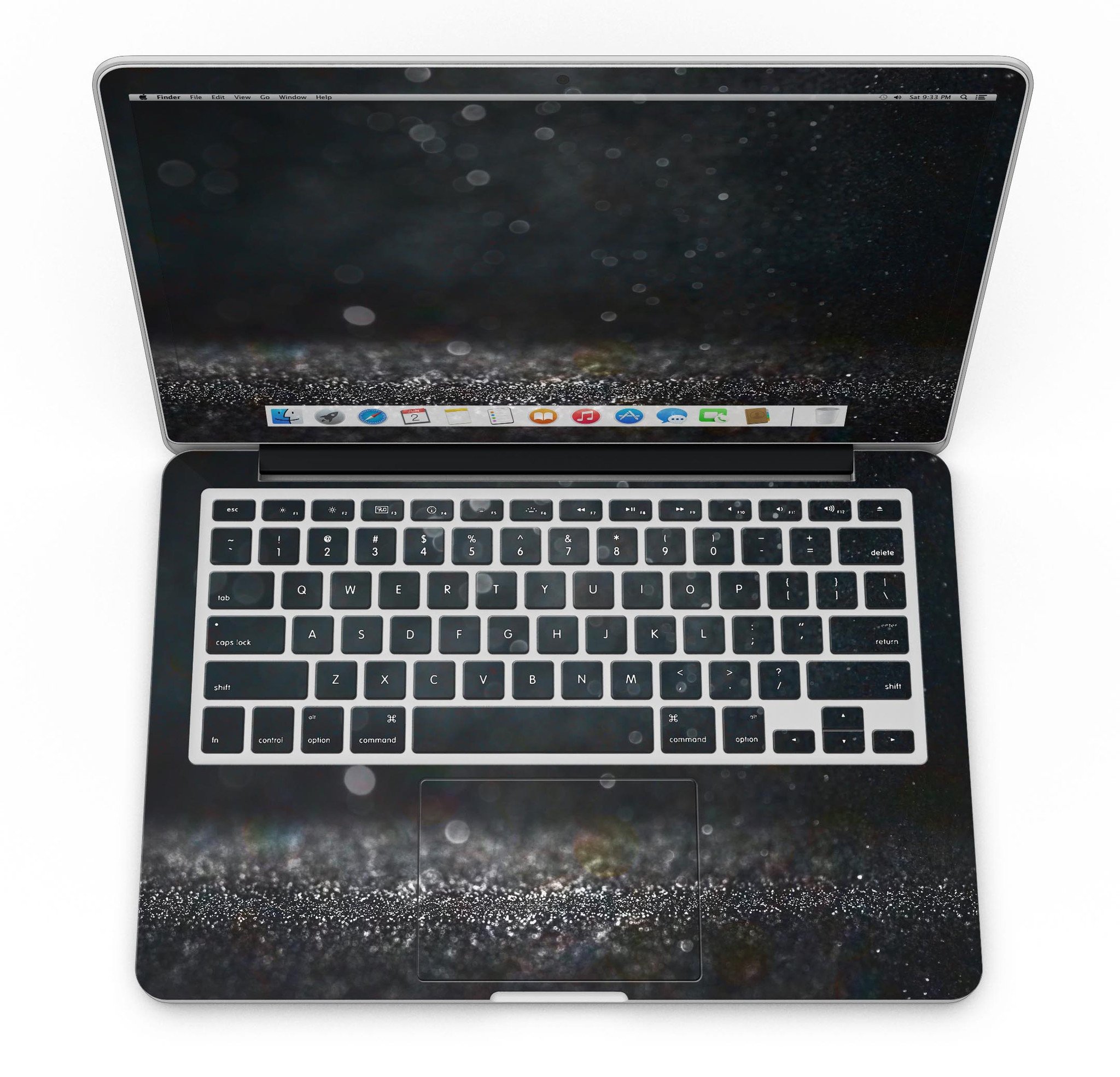 Black Unfocused Glowing Shimmer skin applied to a MacBook Pro with Retina Display, showcasing its sleek design and vibrant colors.