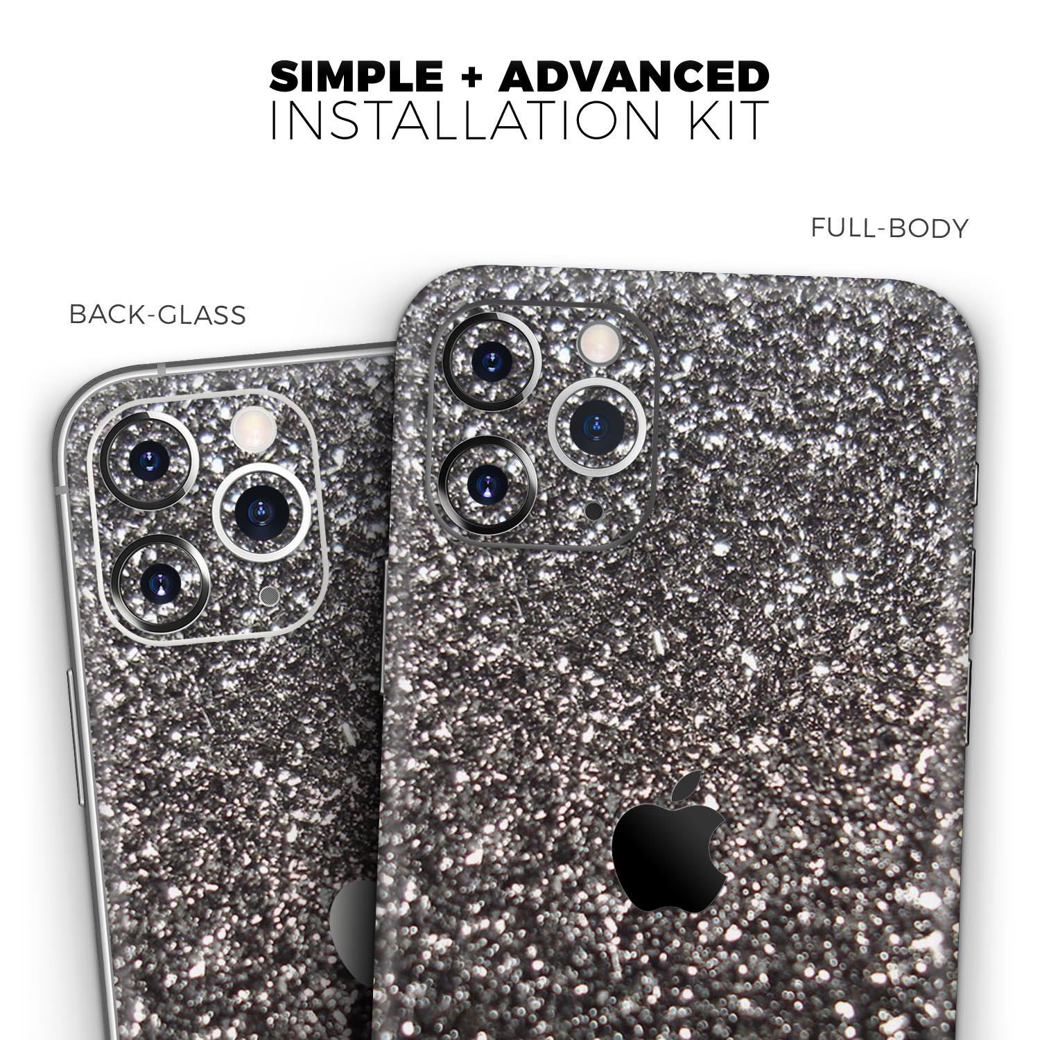 Black Unfocused Sparkle Skin-Kit for Apple iPhone, showcasing its sleek design and premium vinyl material.