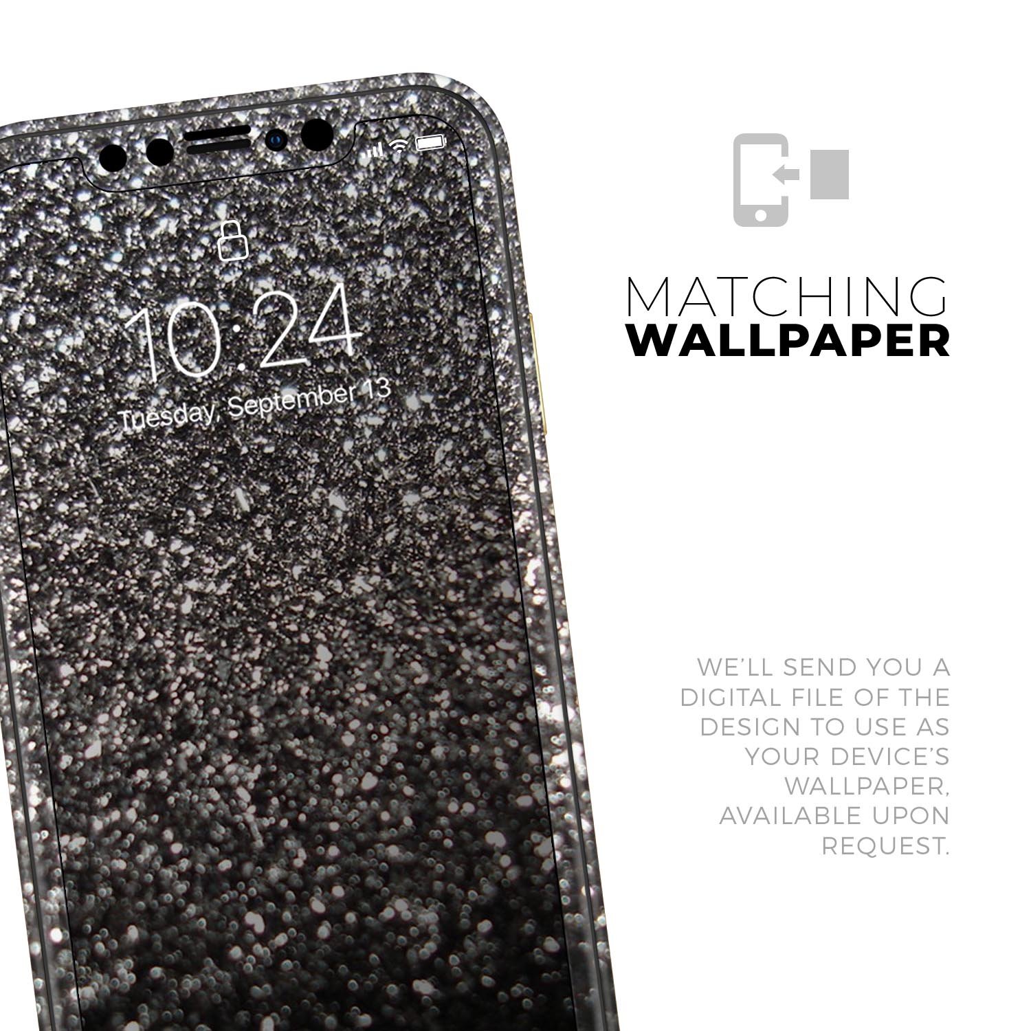 Black Unfocused Sparkle Skin-Kit for Apple iPhone, showcasing its sleek design and premium vinyl material.