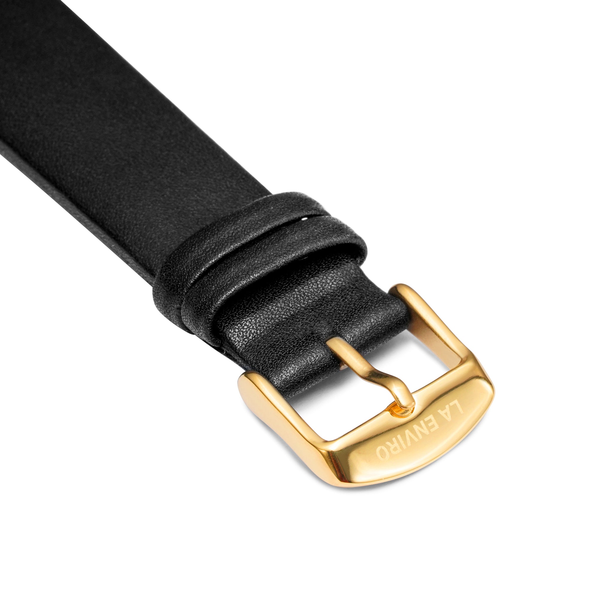 Black unstitched vegan leather watch strap with quick release pin and stainless steel buckle options.