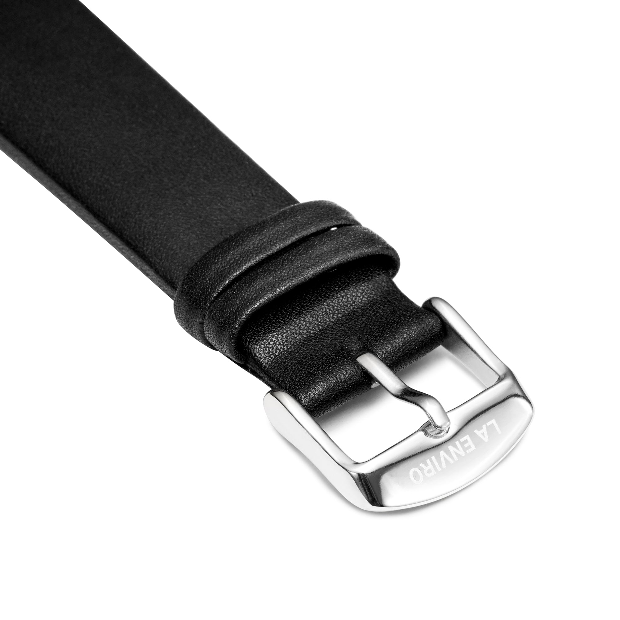 Black unstitched vegan leather watch strap with quick release pin and stainless steel buckle options.