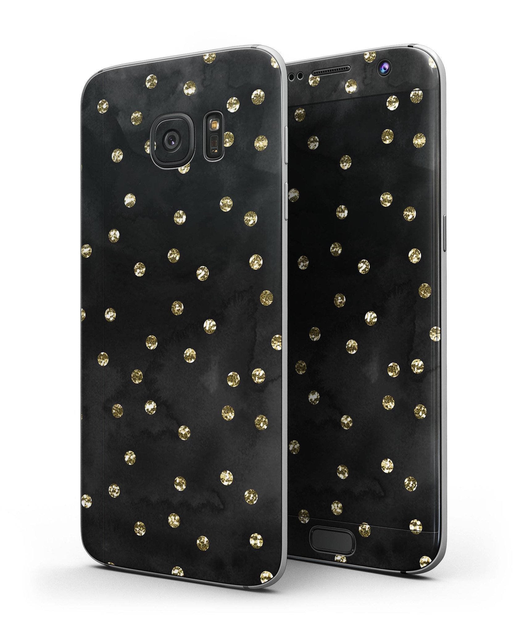 Black Watercolor and Gold Glimmer Polka Dots skin for Samsung Galaxy S7 and S7 Edge, showcasing vibrant colors and stylish design.