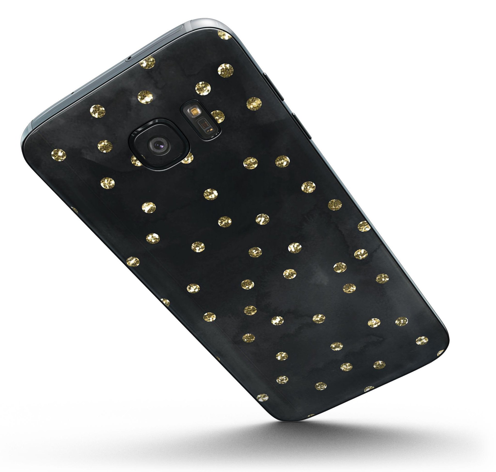 Black Watercolor and Gold Glimmer Polka Dots skin for Samsung Galaxy S7 and S7 Edge, showcasing vibrant colors and stylish design.