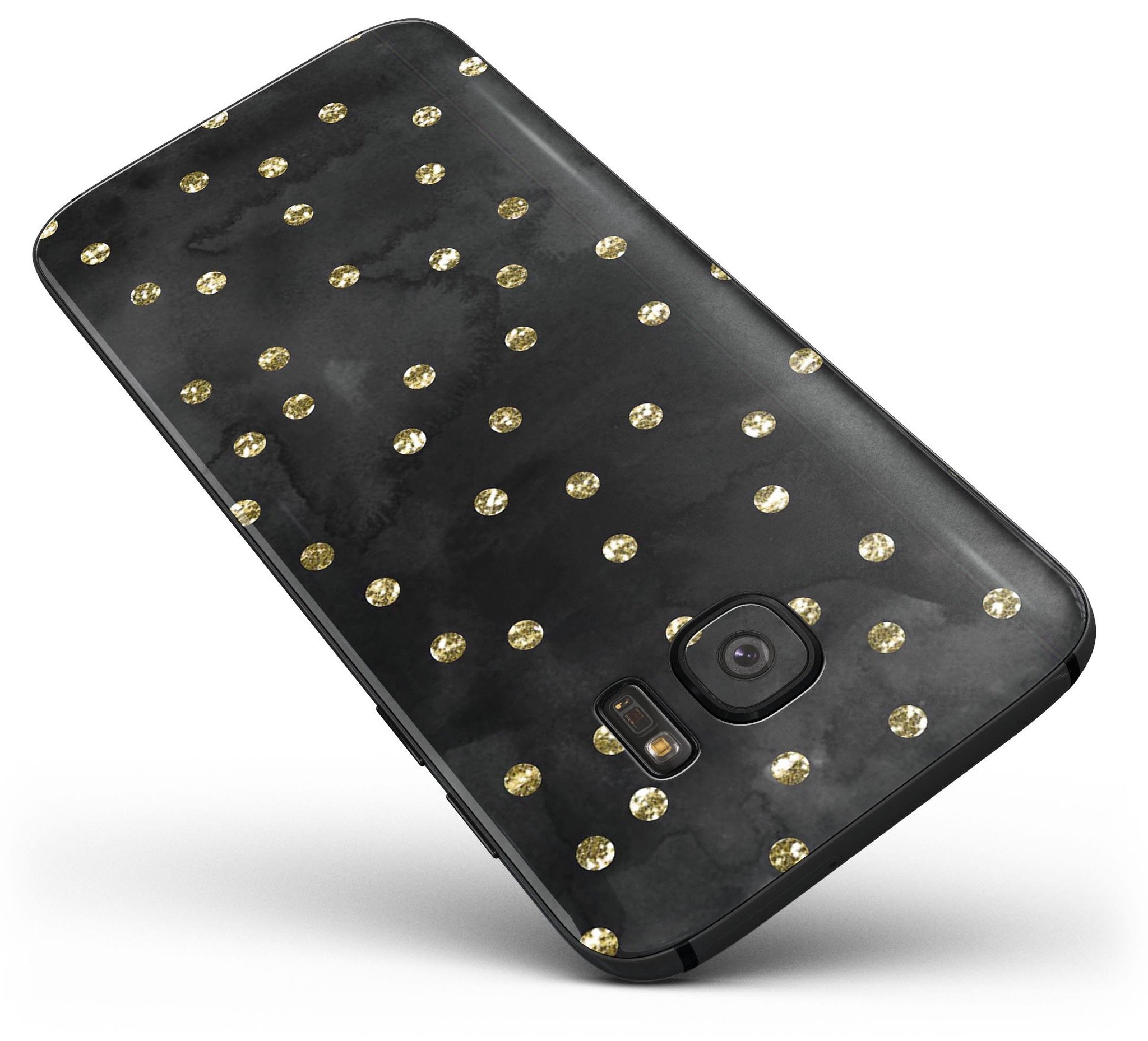 Black Watercolor and Gold Glimmer Polka Dots skin for Samsung Galaxy S7 and S7 Edge, showcasing vibrant colors and stylish design.