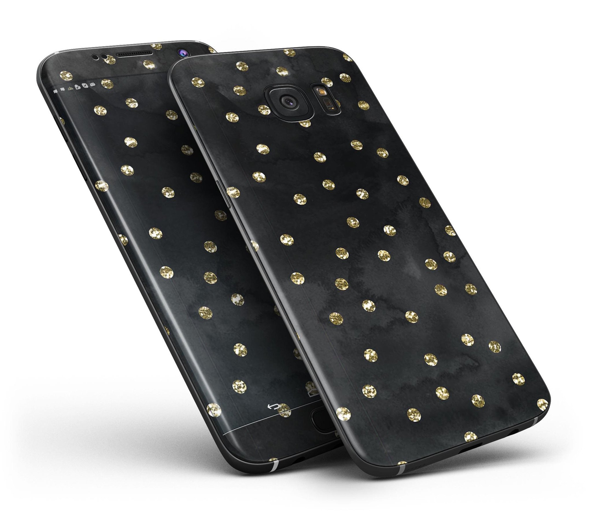 Black Watercolor and Gold Glimmer Polka Dots skin for Samsung Galaxy S7 and S7 Edge, showcasing vibrant colors and stylish design.