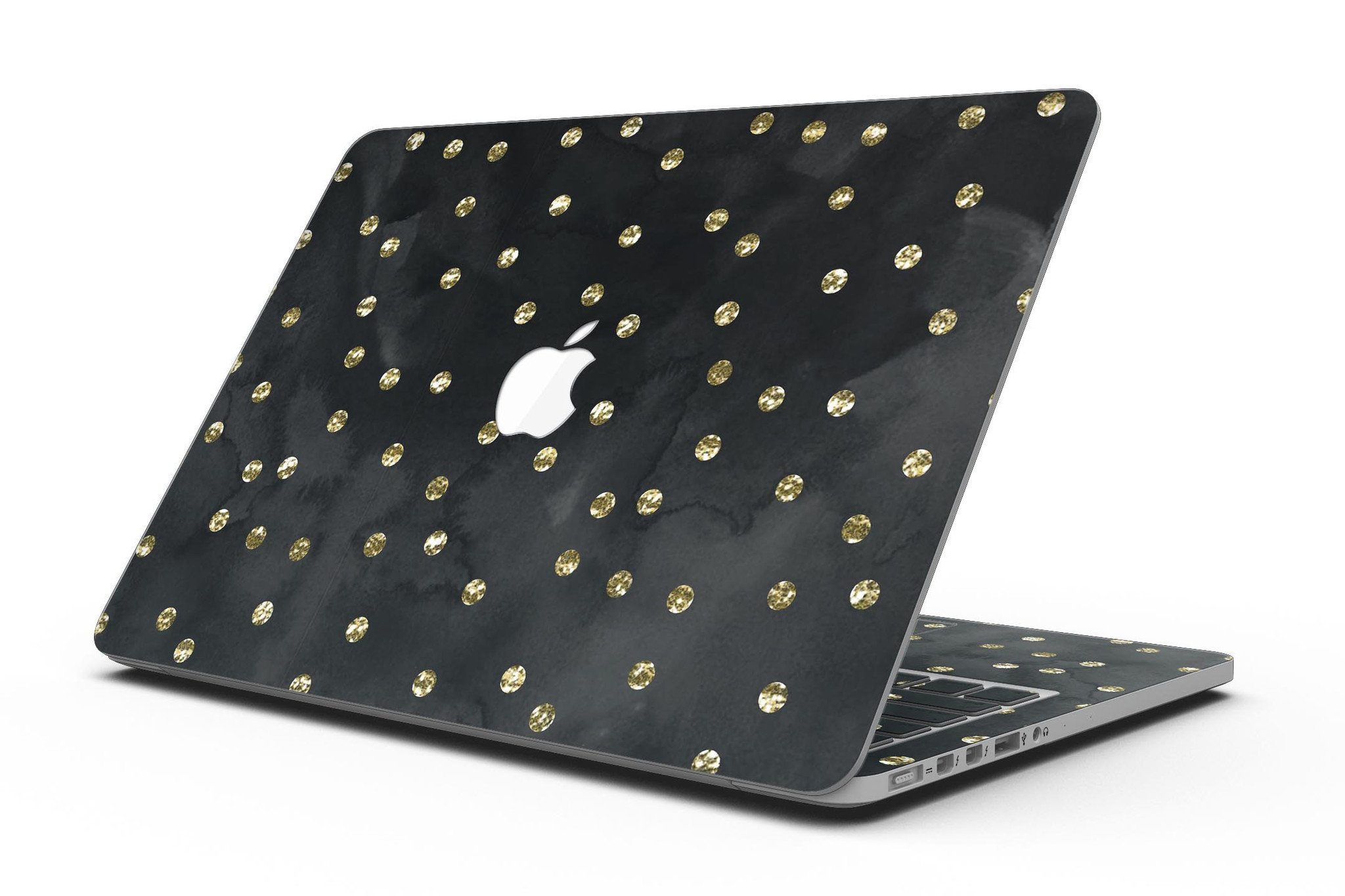 Black Watercolor and Gold Glimmer Polka Dots skin for MacBook Pro with Retina Display, showcasing a stylish design with polka dots.