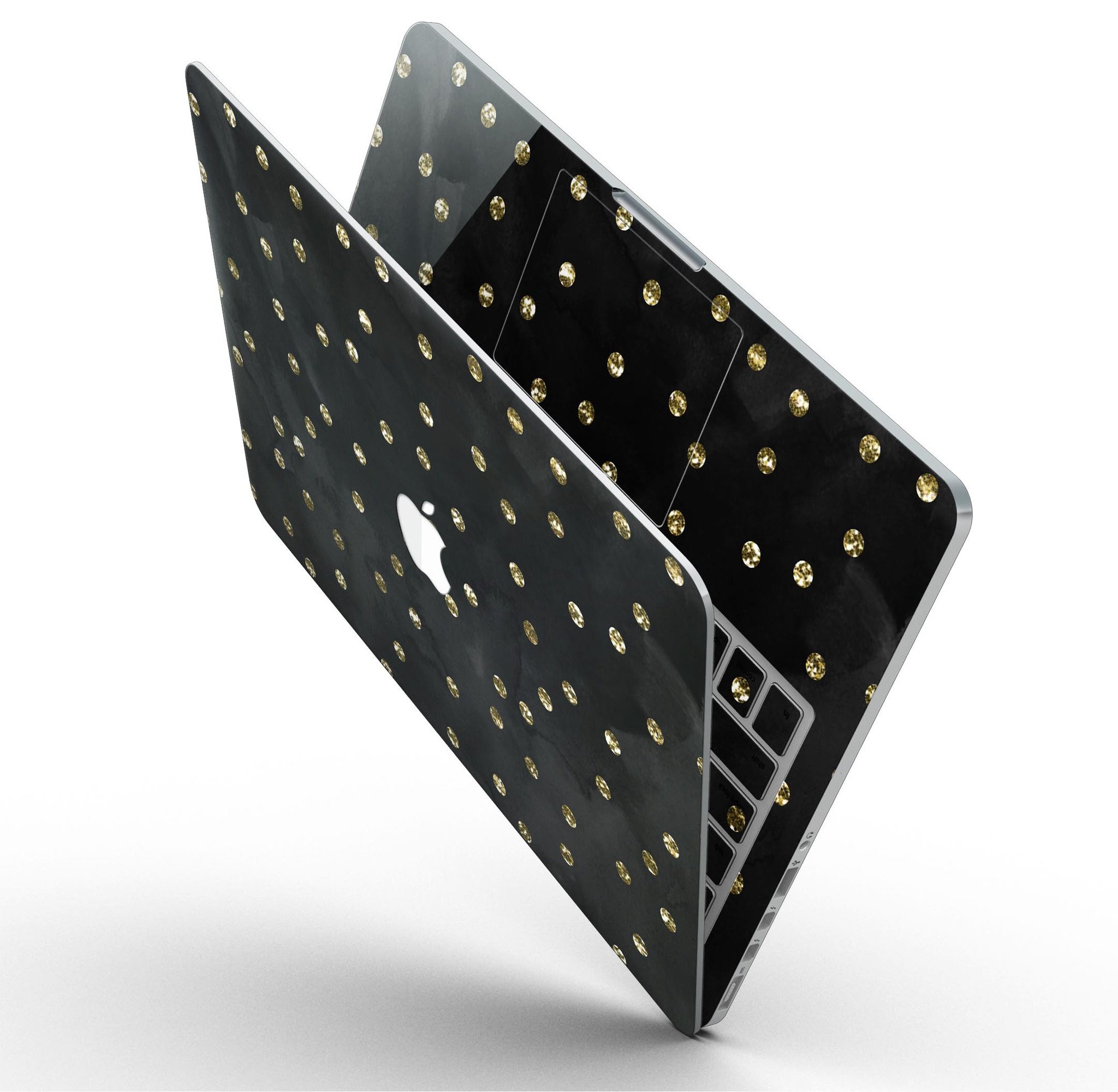 Black Watercolor and Gold Glimmer Polka Dots skin for MacBook Pro with Retina Display, showcasing a stylish design with polka dots.