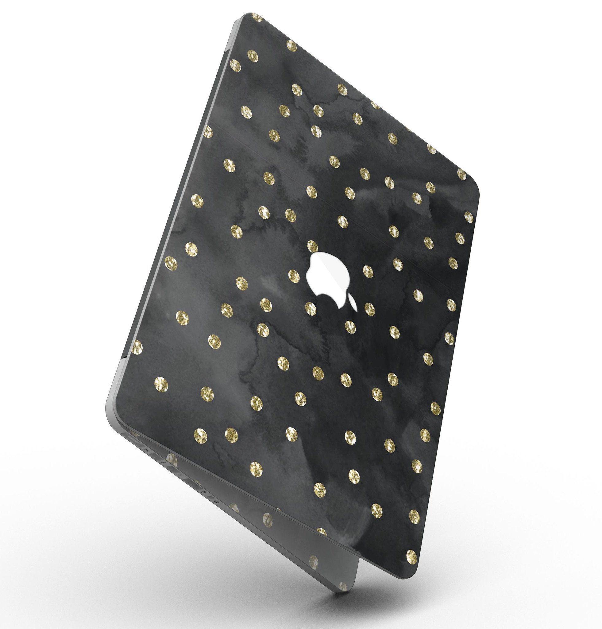 Black Watercolor and Gold Glimmer Polka Dots skin for MacBook Pro with Retina Display, showcasing a stylish design with polka dots.