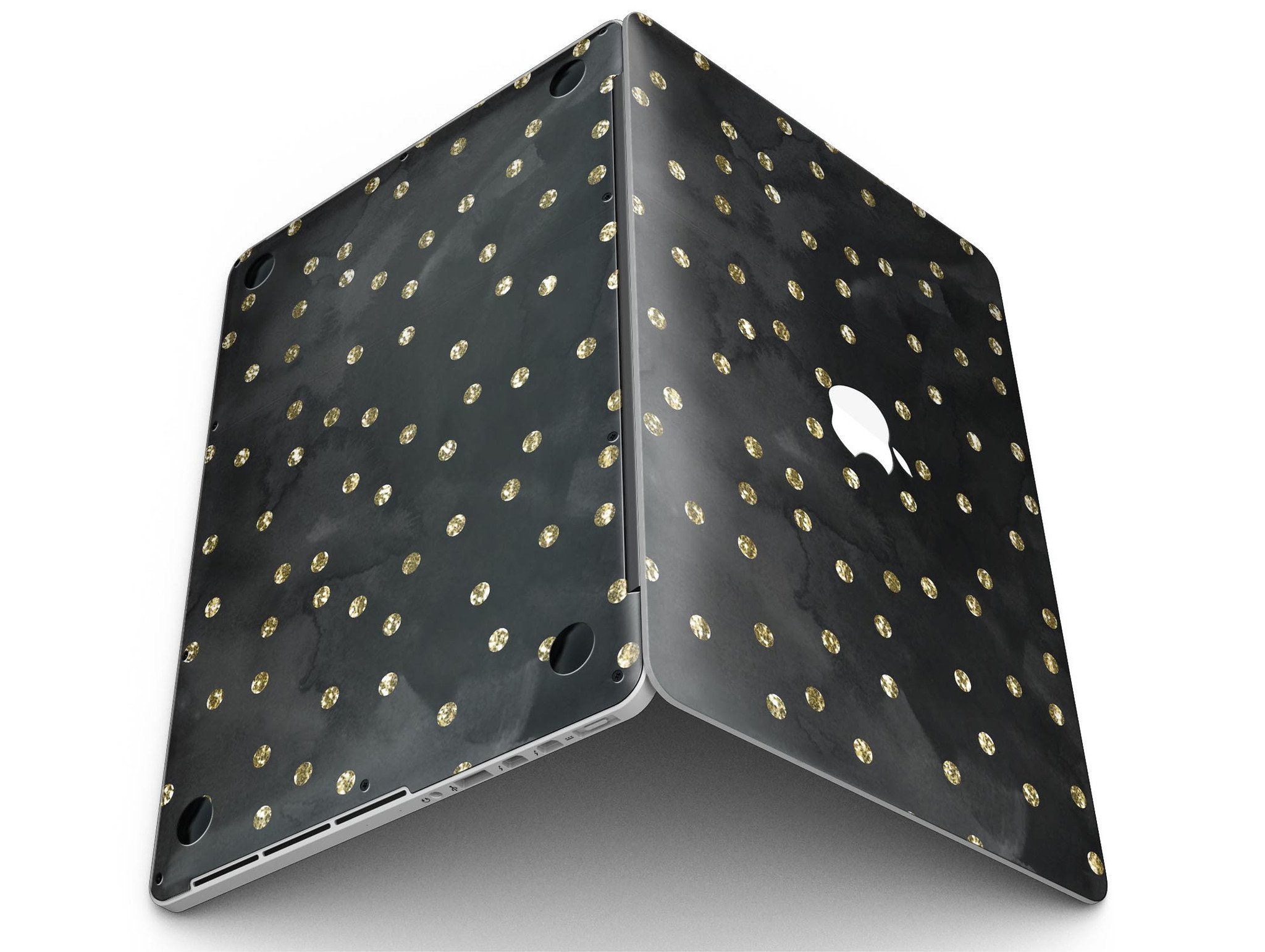 Black Watercolor and Gold Glimmer Polka Dots skin for MacBook Pro with Retina Display, showcasing a stylish design with polka dots.