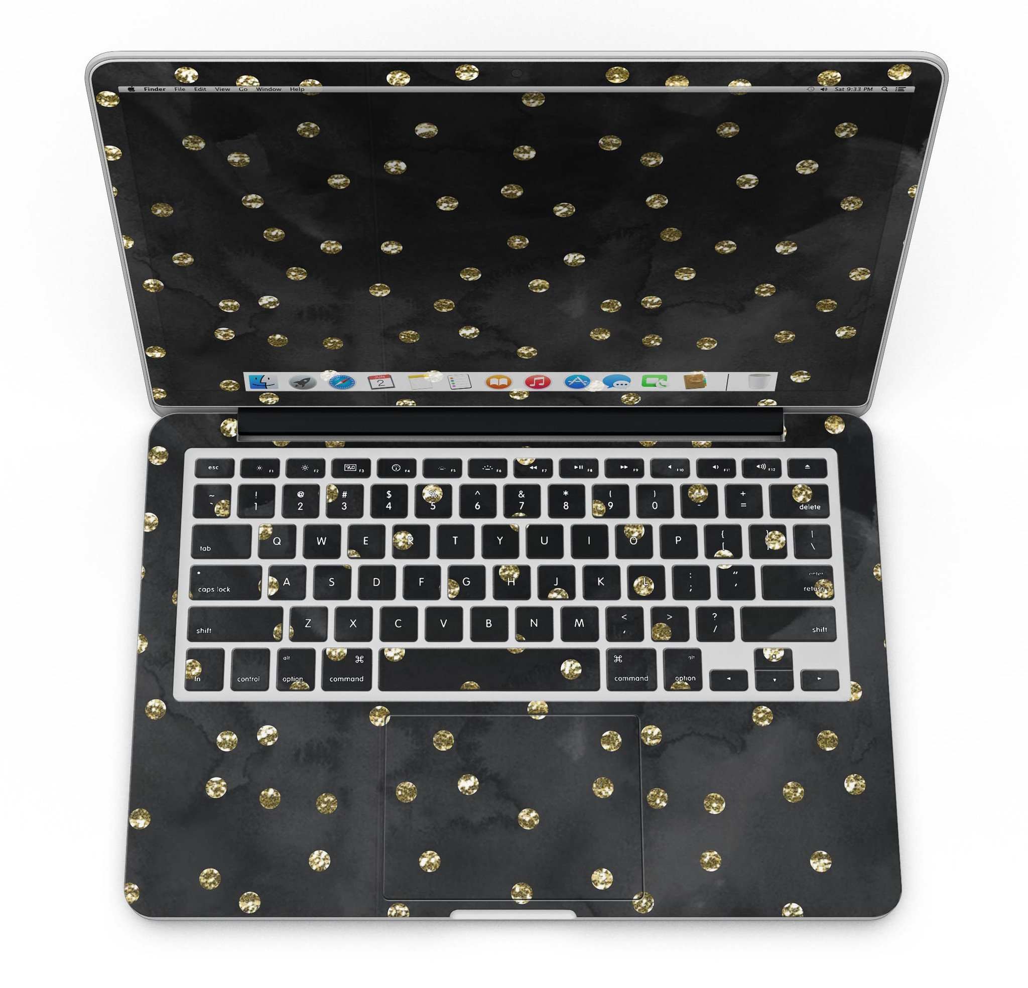 Black Watercolor and Gold Glimmer Polka Dots skin for MacBook Pro with Retina Display, showcasing a stylish design with polka dots.