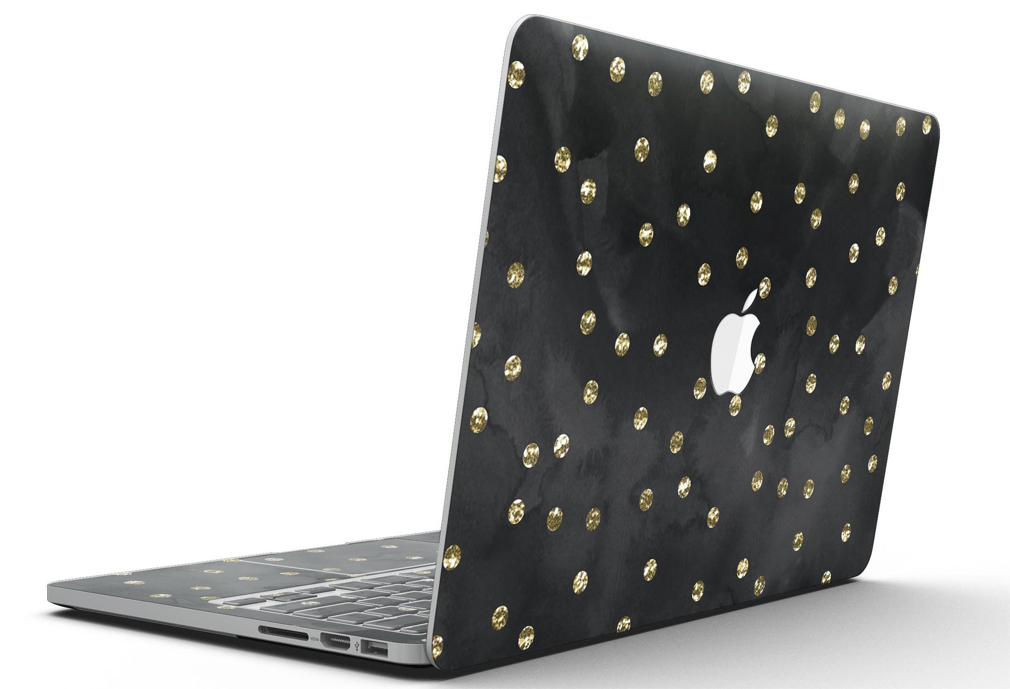 Black Watercolor and Gold Glimmer Polka Dots skin for MacBook Pro with Retina Display, showcasing a stylish design with polka dots.