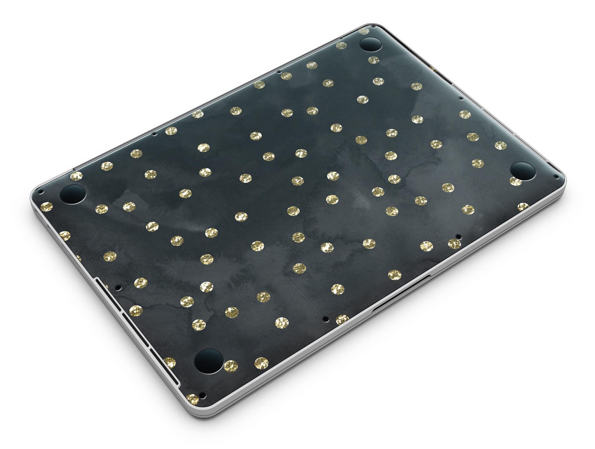 Black Watercolor and Gold Glimmer Polka Dots skin for MacBook Pro with Retina Display, showcasing a stylish design with polka dots.